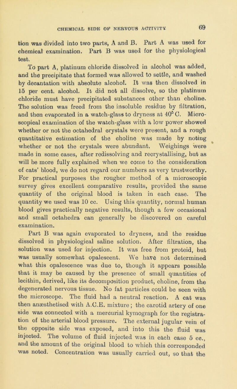 tion was divided into two parts, A and B. Part A was used for chemical examination. Part B was used for the physiological test. To part A, platinum chloride dissolved in alcohol was added, and the precipitate that formed was allowed to settle, and washed by decantation with absolute alcohol. It was then dissolved in 15 per cent, alcohol. It did not all dissolve, so the platinum chloride must have precipitated substances other than choline. The solution was freed from the insoluble residue by filtration, and then evaporated in a watch-glass to dryness at 4(y* G. Micro- scopical examination of the watch-glass with a low power showed whether or not the octahedral crystals were present, and a rough quantitative estimation of the choline was made by noting whether or not the crystals were abundant. Weighings were made in some cases, after redissolving and recrystallising, but as will be more fully explained when we come to the consideration of cats’ blood, we do not regard our numbers as very trustworthy. For practical purposes the rougher method of a microscopic survey gives excellent comparative results, provided the same quantity of the original blood is taken in each case. The quantity we used was 10 cc. Using this quantity, normal human blood gives practically negative results, though a few occasional and small octahedra can generally be discovered on careful examination. Part B was again evaporated to dryness, and the residue dissolved in physiological saline solution. After filtration, the solution was used for injection. It was free from proteid, but was usually somewhat opalescent. We have not determined what this opalescence was due to, though it appears possible that it may be caused by the presence of small quantities of lecithin, derived, like its decomposition product, choline, from the degenerated nervous tissue. No fat particles could be seen with the microscope. The fluid had a neutral reaction. A cat was then anaesthetised with A.C.E. mixture; the carotid artery of one side was connected with a mercurial kymograph for the registra- tion of the arterial blood pressure. The external jugular vein of the opposite side was exposed, and into this the fluid was injected. The volume of fluid injected was in each case 5 cc., and the amount of the original blood to which this corresponded was noted. Concentration was usually carried out, so that the