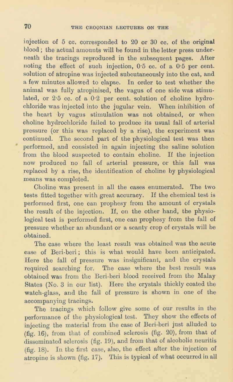 iajection of 5 cc. corresponded to 20 or 30 cc. of the original blood; the actual amounts will be found in the letter press under- neath the tracings reproduced in the subsequent pages. After noting the effect of such injection, 0*5 cc. of a 0-5 per cent, solution of atropine was injected subcutaneously into the cat, and a few minutes allowed to elapse. In order to test whether the animal was fully atropinised, the vagus of one side was stimu- lated, or 2*5 cc. of a 0’2 per cent, solution of choline hydro- chloride was injected into the jugular vein. When inhibition of the heart by vagus stimulation was not obtained, or when choline hydrochloride failed to produce its usual fall of arterial pressure (or this was replaced by a rise), the experiment was continued. The second part of the physiological test was then performed, and consisted in again injecting the saline solution from the blood suspected to contain choline. If the injection now produced no fall of arterial pressure, or this fall was replaced by a rise, the identification of choline by physiological means was completed. Choline was present in all the cases enumerated. The two tests fitted together with great accuracy. If the chemical test is performed first, one can prophesy from the amount of crystals the result of the injection. If, on the other hand, the physio- logical test is performed first, one can prophesy from the fall of pressure whether an abundant or a scanty crop of crystals will be obtained. The case where the least result was obtained was the acute case of Beri-beri; this is what would have been anticipated. Here the fall of pressure was insignificant, and the crystals required searching for. The case where the best result was obtained was from the Beri-beri blood received from the Malay States (No. 3 in our list). Here the crystals thickly coated the watch-glass, and the fall of pressure is shown in one of the accompanying tracings. The tracings which follow give some of our results in the performance of the physiological test. They show the effects of injecting the material from the case of Beri-beri just alluded to (fig. 16), from that of combined sclerosis (fig. 20), from that of disseminated sclerosis (fig. 19), and from that of alcoholic neuritis (fig. 18). In the first case, also, the effect after the injection of atropine is shown (fig. 17). This is typical of what occurred in all