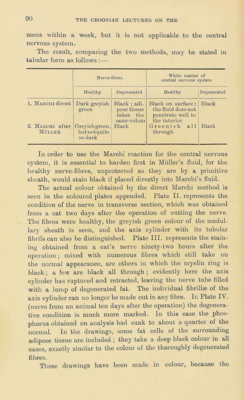 mens within a week, but it is not applicable to the central nervous system. The result, comparing the two methods, may be stated in tabular form as follows :— Nerve-fibres White matter of central nervous system Healthy Degenerated Healthy Degenerated 1. Marchi direct Dark greyish green Black ; adi- pose tissue takes tlie same colour Black on surface; the fluid does not penetrate well to the interior Black 2. Marchi after Muller Greyishgreen, butnotquite so dark Black Greenish all through Black In order to use the March! reaction for the central nervous system, it is essential to harden first in Muller’s fluid, for the healthy nerve-fibres, unprotected as they are by a primitive sheath, would stain black if placed directly into Marchi’s fluid. The actual colour obtained by the direct March! method is seen in the coloured plates appended. Plate II. represents the condition of the nerve in transverse section, which was obtained from a cat two days after the operation of cutting the nerve. The fibres were healthy, the greyish green colour of the medul- lary sheath is seen, and the axis cylinder with its tubular fibrils can also be distinguished. Plate III. represents the stain- ing obtained from a cat’s nerve ninety-two hours after the operation; mixed with numerous fibres which still take on the normal appearance, are others in which the myelin ring is black; a few are black all through ; evidently here the axis cylinder has ruptured and retracted, leaving the nerve tube filled with a lump of degenerated fat. The individual fibrillae of the axis cylinder can no longer be made out in any fibre. In Plate IV. (nerve from an animal ten days after the operation) the degenera- tive condition is much more marked. In this case the phos- phorus obtained on analysis had sunk to about a quarter of the normal. In the drawings, some fat cells of the surrounding adipose tissue are included; they take a deep black colour in all cases, exactly similar to the colour of the thoroughly degenerated fibres. These drawings have been made in colour, because the