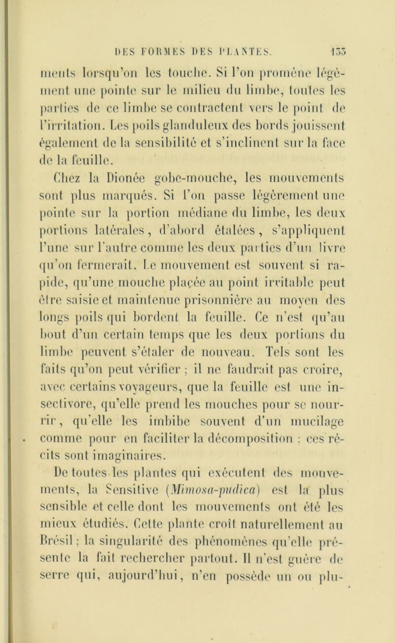 ments lorsqu’on les touche. Si l’on promène loge- ment une pointe sur le milieu du limbe, toutes les parties de ce limbe se contractent vers le point de l’irritation. Les poils glanduleux des bords jouissent également de la sensibilité et s’inclinent sur la face de la feuille. Chez la Dionée gobe-mouche, les mouvements sont plus marqués. Si l’on passe légèrement une pointe sur la portion médiane du limbe, les deux portions latérales, d’abord étalées, s’appliquent l’une sur l’autre comme les deux parties d’un livre qu’on fermerait. Le mouvement est souvent si ra- pide, qu’une mouche placée au point irritable peut èlre saisie et maintenue prisonnière au moyen des longs poils qui bordent la feuille. Ce n’est qu’au bout d’un certain temps que les deux portions du limbe peuvent s’étaler de nouveau. Tels sont les faits qu’on peut vérifier ; il ne faudrait pas croire, avec certains voyageurs, que la feuille est une in- sectivore, qu’elle prend les mouches pour se nour- rir , qu’elle les imbibe souvent d’un mucilage comme pour en faciliter la décomposition : ces ré- cits sont imaginaires. De toutes les plantes qui exécutent des mouve- ments, la Sensitive (Mimosa-pudica) est la plus sensible et celle dont les mouvements ont été les mieux étudiés. Celte plante croit naturellement au Brésil ; la singularité des phénomènes qu’elle pré- sente la fait rechercher partout. H n’est guère de serre qui, aujourd’hui, n’en possède un ou plu-