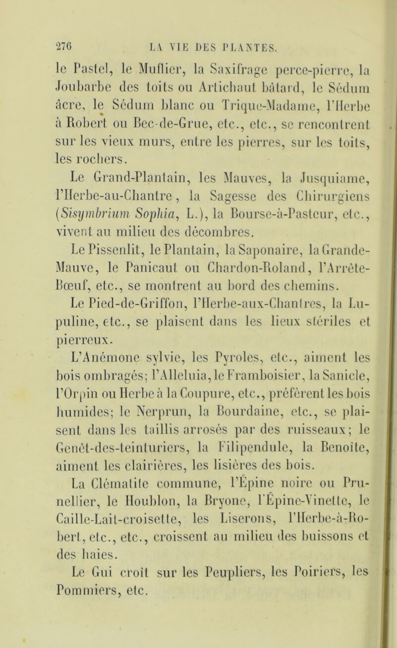 le Pastel, le Muflier, la Saxifrage perce-pierre, la Joubarbe des toits ou Artichaut bâtard, le Sédum âcre, le Sédum blanc ou Trique-Madame, l’Herbe à Robert ou Bec-de-Grue, etc., etc., se rencontrent sur les vieux murs, cotre les pierres, sur les toits, les rochers. Le Grand-Plantain, les Mauves, la Jusquiame, nierbe-au-Chantre, la Sagesse des Chirurgiens (Sisijmbrium Sophia, L.), la Bourse-à-Pastcur, etc., vivent au milieu des décombres. Le Pissenlit, le Plantain, la Saponaire, laGrande- Mauve, le Panicaut ou Chardon-Roland, FArrète- Bœuf, etc., se montrent au bord des chemins. Le Pied-de-Griffon, l’IIerbe-aux-Chanlres, la Lu- puline, etc., se plaisent dans les lieux stériles et pierreux. L’Anémone Sylvie, les Pyroles, etc., aiment les bois ombragés; l’Alléluia, le Framboisier, la Sanicle, l’Orpin ou Herbe à la Coupure, etc., préfèrent les bois humides; le Nerprun, la Bourdaine, etc., se plai- sent dans les taillis arrosés par des ruisseaux; le Genêt-des-teinturiers, la Filipendule, la Benoîte, aiment les clairières, les lisières des bois. La Clématite commune, l’Épine noire ou Pru- nellier, le Houblon, la Bryone, FÉpine-Vinette, le Caillc-Lait-croisette, les Liserons, l’Hcrbe-à-Ro- bert,etc., etc., croissent au milieu des buissons et des haies. Le Gui croit sur les Peupliers, les Poiriers, les Pommiers, etc.