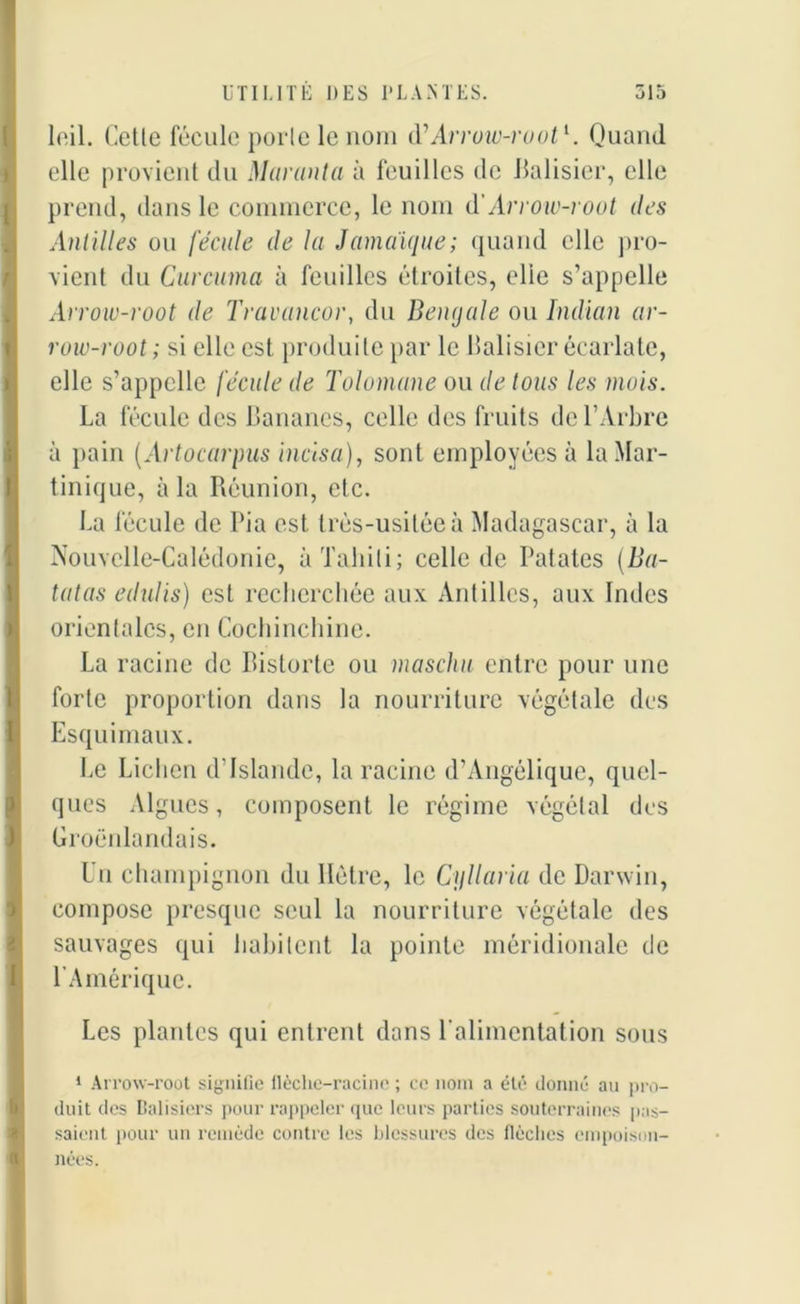 loil. Cette fécule porte le nom à'Arrow-root1. Quand elle provient du Maranta à feuilles de Balisier, elle prend, dans le commerce, le nom d'Arrow-root des Antilles ou fécule de la Jamaïque; quand elle pro- vient du Curcuma à feuilles étroites, elie s’appelle Arrow-root de Travancor, du Bengale ou Indian ar- row-root; si elle est produite par le Balisier écarlate, elle s’appelle fécule de Tolomane ou de tous les mois. La fécule des Bananes, celle des fruits de l’Arbre à pain (Artocarpus incisa), sont employées à la Mar- tinique, à la Réunion, etc. La fécule de Lia est trés-usitéeà Madagascar, à la Nouvelle-Calédonie, à Tahiti; celle de Patates [Ba- tatas edulis) est recherchée aux Antilles, aux Indes orientales, en Cochinchine. La racine de Bistorte ou maschu entre pour une forte proportion dans la nourriture végétale des Esquimaux. Le Lichen d’Islande, la racine d’Angélique, quel- ques Algues, composent le régime végétal des Groënlandais. Lu champignon du Ilétre, le Cyllaria de Darwin, compose presque seul la nourriture végétale des sauvages qui habitent la pointe méridionale de l'Amérique. Les plantes qui entrent dans l'alimentation sous 1 Arrow-root signifie flèche-racine ; ce nom a été donné an pro- duit des Balisiers pour rappeler que leurs parties souterraines pas- saient pour un remède contre les blessures des flèches empoison- nées.