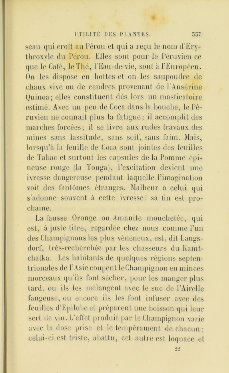 seau qui croit au Pérou et qui a reçu le nom d'Ery- throxyle du Pérou. Elles sont pour le Péruvien ce que le Café, le Thé, l’Eau-de-vie, sont à l’Européen. On les dispose en hottes et on les saupoudre de chaux vive ou de cendres provenant de l’Ansérine Quinoa; elles constituent dés lors un masticatoire estimé. Avec un peu de Coca dans la bouche, le Pé- ruvien ne connaît plus la fatigue; il accomplit des marches forcées; il se livre aux rudes travaux des mines sans lassitude, sans soif, sans faim. Mais, lorsqu’à la feuille de Coca sont jointes des feuilles de Tabac et surtout les capsules de la Pomme épi- neuse rouge (la Tonga), l’excitation devient une ivresse dangereuse pendant laquelle l’imagination voit des fantômes étranges. Malheur à celui qui s’adonne souvent à cette ivresse! sa fin est pro- chaine. La fausse Oronge ou Amanite mouchetée, qui est, ajuste litre, regardée chez nous comme l’un des Champignons les plus vénéneux, est, dit Langs- dorf, très-recherchée par les chasseurs du Kamt- chatka. Les habitants de quelques régions septen- trionales de l’Asie coupent leChampignon en minces morceaux qu’ils font sécher, pour les manger plus tard, ou ils les mélangent avec le suc de l’Airelle fangeuse, ou encore ils les font infuser avec des feuilles d’Epilobeet préparent une boisson qui leur sert de vin. L’effet produit par leChampignon varie avec la dose prise et le tempérament de chacun ; celui-ci est triste, abattu, cet autre est loquace et