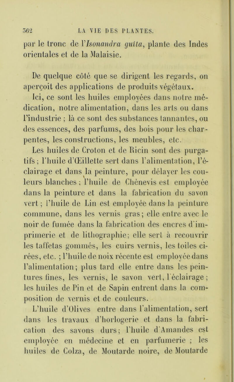 par le tronc de Ylsonandra cjulta, plante des Indes orientales et de la Malaisie. De quelque côté que se dirigent les regards, on aperçoit des applications de produits végétaux. Ici, ce sont les huiles employées dans notre mé- dication, notre alimentation, dans les arts ou dans l’industrie ; là ce sont des substances tannantes, ou des essences, des parfums, des bois pour les char - pentes, les constructions, les meubles, etc. Les huiles de Crolon et de Ricin sont des purga- tifs; l’huile d’Œillette sert dans l’alimentation, l’é- clairage et dans la peinture, pour délayer les cou- leurs blanches ; l’huile de Chènevis est employée dans la peinture et dans la fabrication du savon vert ; l’huile de Lin est employée dans la peinture commune, dans les vernis gras; elle entre avec le noir de fumée dans la fabrication des encres d’im- primerie et de lithographie; elle sert à recouvrir les taffetas gommés, les cuirs vernis, les toiles ci- rées, etc. ; l’huile de noix récente est employée dans l’alimentation; plus tard elle entre dans les pein- tures fines, les vernis, le savon vert, l'éclairage ; les huiles de Pin et de Sapin entrent dans la com- position de vernis et de couleurs. L’huile d’Olives entre dans l’alimentation, sert dans les travaux d’horlogerie et dans la fabri- cation des savons durs; l’huile d'Amandes est employée en médecine et en parfumerie ; les huiles de Colza, de Moutarde noire, de Moutarde