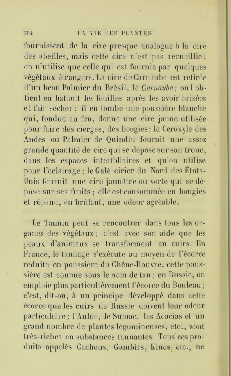 fournissent de la cire presque analogue à la cire des abeilles, mais cette cire n’est pas recueillie ; on n’utilise que celle qui est fournie par quelques végétaux étrangers. La cire deCarnauba est retirée d’un beau Palmier du Brésil, le Garnauba; on l’ob- tient en battant les feuilles après les avoir brisées et fait sécher ; il en tombe une poussière blanche qui, fondue au feu, donne une cire jaune utilisée pour faire des cierges, des bougies; le Ceroxyle des Andes ou Palmier de Quindiu fournit une assez grande quantité de cire qui se dépose sur son tronc, dans les espaces interfoliaires et qu’on utilise pour l’éclairage; le Galé cirier du Nord des États- Unis fournit une cire jaunâtre ou verte qui se dé- pose sur ses fruits ; elle est consommée en bougies et répand, en brûlant, une odeur agréable. Le Tannin peut se rencontrer dans tous les or- ganes des végétaux; c’est avec son aide que les peaux d’animaux se transforment en cuirs. En France, le tannage s’exécute au moyen de l’écorce réduite en poussière du Chêne-Rouvre, cette pous- sière est connue sous le nom de tan; en Russie, on emploie plus particulièrement l’écorce du Bouleau ; c’est, dit-on, à un principe développé dans cette écorce que les cuirs de Russie doivent leur odeur particulière ; l’Aulne, le Sumac, les Acacias et un grand nombre de plantes légumineuses, etc., sont très-riches en substances tannantes. Tous ces pro- duits appelés Cachous, Gambirs, Kinos, etc., ne