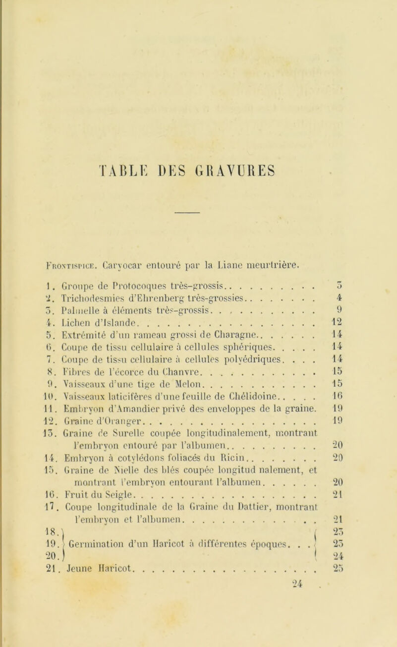 TABLE DES GRAVURES Frontispice. Caryocar entouré par la Liane meurtrière. 1. Groupe de Protocoques très-grossis . 2. Trichodesmies d’Ehrenberg trés-grossies 3. Palmelle à éléments très-grossis I. Lichen d’Islande 5. Extrémité d’un rameau grossi de Charagne 6. Coupe de tissu cellulaire à cellules sphériques 7. Coupe de tissu cellulaire à cellules polyédriques. . . . 8. Fibres de l’écorce du Chanvre 9. Vaisseaux d’une tige de Melon 10. Vaisseaux laticifères d’une feuille de Chélidoine II. Embryon d’Amandier privé des enveloppes de la graine. 12. Graine d'Oranger 13. Graine de Surelle coupée longitudinalement, montrant l’embryon entouré par l’albumen 14. Embryon à cotylédons foliacés du Ricin 15. Graine de ïsielle des blés coupée longitud nalement, et montrant l’embryon entourant l’albumen 16. Fruit du Seigle 17. Coupe longitudinale de la Graine du Dattier, montrant l’embryon et l’albumen . 18. ) ' ( 19. » Germination d’un Haricot a différentes époques. . . < 20. ) 1 21. Jeune Haricot 24 3 4 9 12 14 14 14 15 15 16 19 19 20 20 20 21 21 23 23 24 25