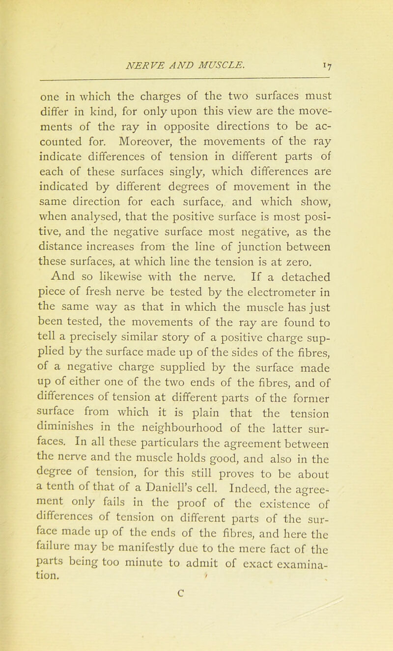 one in which the charges of the two surfaces must differ in kind, for only upon this view are the move- ments of the ray in opposite directions to be ac- counted for. Moreover, the movements of the ray indicate differences of tension in different parts of each of these surfaces singly, which differences are indicated by different degrees of movement in the same direction for each surface,, and which show, when analysed, that the positive surface is most posi- tive, and the negative surface most negative, as the distance increases from the line of junction between these surfaces, at which line the tension is at zero. And so likewise with the nerve. If a detached piece of fresh nerve be tested by the electrometer in the same way as that in which the muscle has just been tested, the movements of the ray are found to tell a precisely similar story of a positive charge sup- plied by the surface made up of the sides of the fibres, of a negative charge supplied by the surface made up of either one of the two ends of the fibres, and of differences of tension at different parts of the former surface from which it is plain that the tension diminishes in the neighbourhood of the latter sur- faces. In all these particulars the agreement between the nerve and the muscle holds good, and also in the degree of tension, for this still proves to be about a tenth of that of a Daniell’s cell. Indeed, the agree- ment only fails in the proof of the existence of differences of tension on different parts of the sur- face made up of the ends of the fibres, and here the failure may be manifestly due to the mere fact of the parts being too minute to admit of exact examina- tion. / C