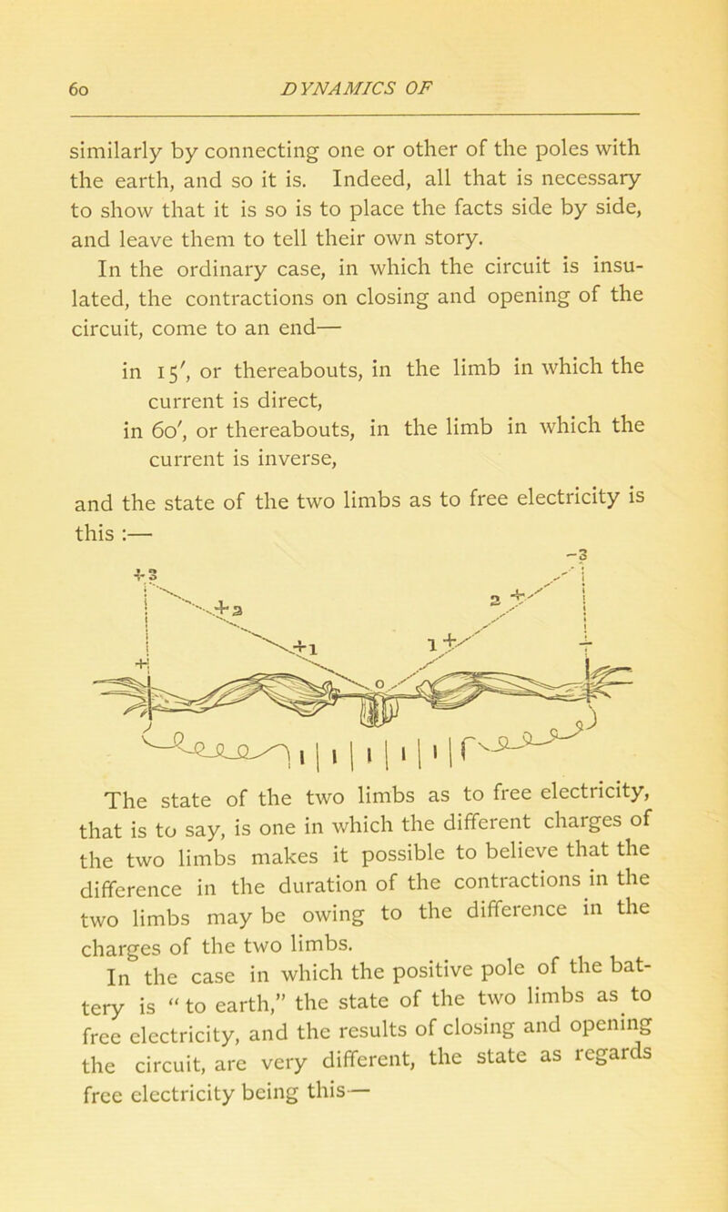 similarly by connecting one or other of the poles with the earth, and so it is. Indeed, all that is necessary to show that it is so is to place the facts side by side, and leave them to tell their own story. In the ordinary case, in which the circuit is insu- lated, the contractions on closing and opening of the circuit, come to an end— in 15', or thereabouts, in the limb in which the current is direct, in 60', or thereabouts, in the limb in which the current is inverse, and the state of the two limbs as to free electricity is this :— -3 The state of the two limbs as to free electricity, that is to say, is one in which the different charges of the two limbs makes it possible to believe that the difference in the duration of the contractions in the two limbs may be owing to the difference in the charges of the two limbs. In the case in which the positive pole of the bat- tery is “ to earth,” the state of the two limbs as. to free electricity, and the results of closing and opening the circuit, are very different, the state as ietoar s free electricity being this—