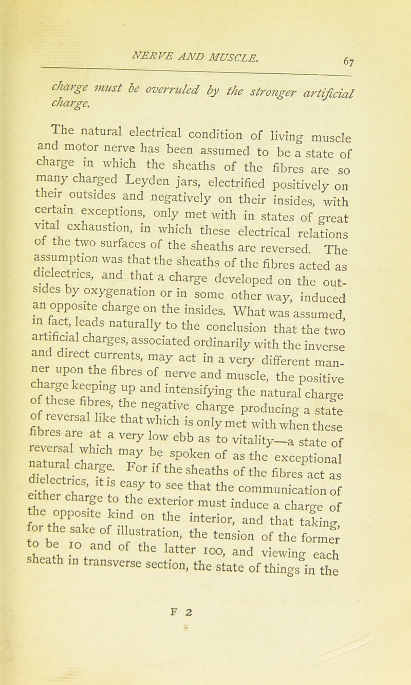 67 charge must be overruled by the stronger artificial charge. The natural electrical condition of living muscle and motor nerve has been assumed to be a state of charge in which the sheaths of the fibres are so many charged Leyden jars, electrified positively on their. outsides and negatively on their insides, with certain exceptions, only met with in states of great vital exhaustion, in which these electrical relations of the two surfaces of the sheaths are reversed The assumption was that the sheaths of the fibres acted as jdectncs, and that a charge developed on the out- sides by oxygenation or in some other way, induced an opposite charge on the insides. What was assumed in act, leads naturally to the conclusion that the two artificial charges, associated ordinarily with the inverse and direct currents, may act in a very different man- ner upon the fibres of nerve and muscle, the positive Cf UP and intensifying the natural charge these fibres, the negative charge producing a state of reversal like that which is only met with when these fibres are at a very low ebb as to vitality-* state of reversal which may be spoken of as the exceptional “ T For if the sheaths of aJSS dielectrics, it is easy to see that the communication of either charge to the exterior must induce a charge of hrr rmd 0n the interior- and that taking for the sake of illustration, the tension of the former be 10 and of the latter 100, and viewing each eath in transverse section, the state of things in the F 2