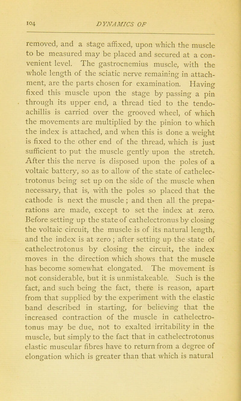 removed, and a stage affixed, upon which the muscle to be measured may be placed and secured at a con- venient level. The gastrocnemius muscle, with the whole length of the sciatic nerve remaining in attach- ment, are the parts chosen for examination. Having fixed this muscle upon the stage by passing a pin through its upper end, a thread tied to the tendo- achillis is carried over the grooved wheel, of which the movements are multiplied by the pinion to which the index is attached, and when this is done a weight is fixed to the other end of the thread, which is just sufficient to put the muscle gently upon the stretch. After this the nerve is disposed upon the poles of a voltaic battery, so as to allow of the state of cathelec- trotonus being set up on the side of the muscle when necessary, that is, with the poles so placed that the cathode is next the muscle ; and then all the prepa- rations are made, except to set the index at zero. Before setting up the state of cathelectronus by closing the voltaic circuit, the muscle is of its natural length, and the index is at zero ; after setting up the state of cathelectrotonus by closing the circuit, the index moves in the direction which shows that the muscle has become somewhat elongated. The movement is not considerable, but it is unmistakeable. Such is the fact, and such being the fact, there is reason, apart from that supplied by the experiment with the elastic band described in starting, for believing that the increased contraction of the muscle in cathelectro- tonus may be due,, not to exalted irritability in the muscle, but simply to the fact that in cathelectrotonus elastic muscular fibres have to return from a degree of elongation which is greater than that which is natural