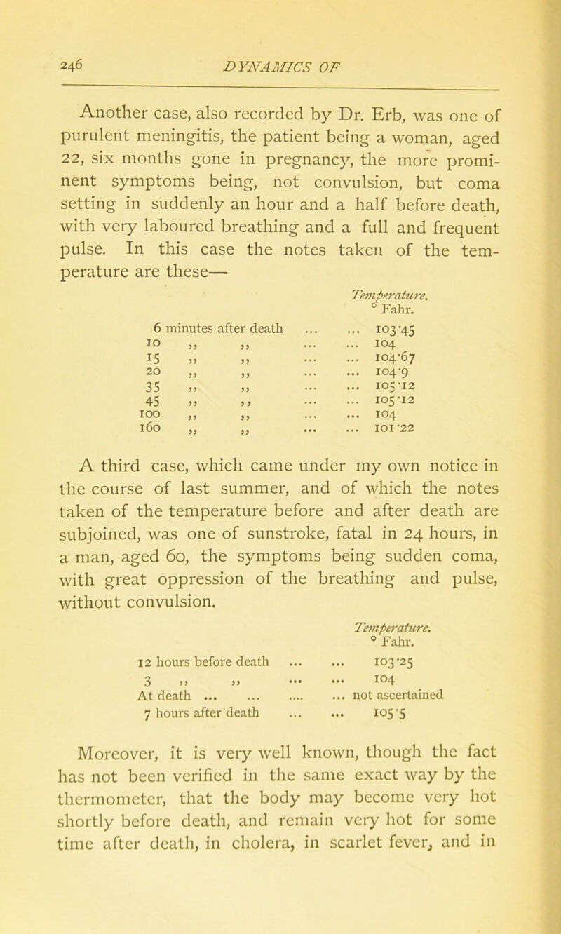 Another case, also recorded by Dr. Erb, was one of purulent meningitis, the patient being a woman, aged 22, six months gone in pregnancy, the more promi- nent symptoms being, not convulsion, but coma setting in suddenly an hour and a half before death, with very laboured breathing and a full and frequent pulse. In this case the notes taken of the tem- perature are these— 6 minutes after death Temperature. 0 Fahr. ... 103-45 10 99 ... 104 15 99 ... 104-67 20 99 ... 104-9 35 99 ... 105-12 45 9 9 ... 105-12 100 99 ... 104 160 99 ... IOI'22 A third case, which came under my own notice in the course of last summer, and of which the notes taken of the temperature before and after death are subjoined, was one of sunstroke, fatal in 24 hours, in a man, aged 60, the symptoms being sudden coma, with great oppression of the breathing and pulse, without convulsion. 12 hours before death 3 >> >> At death ... 7 hours after death Temperature. 0 Fahr. 103-25 ... 104 ... not ascertained 105-5 Moreover, it is very well known, though the fact has not been verified in the same exact way by the thermometer, that the body may become very hot shortly before death, and remain very hot for some time after death, in cholera, in scarlet fever, and in