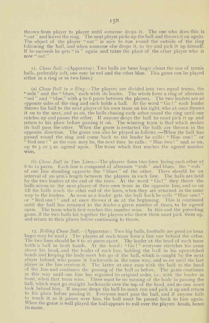 thrown from player to player until someone drops it. The one who does this is “ out ” and leaves the ring. The next player picks up the ball and throws it on again. The object of the player “out” is now to run round the outside of the ring following the ball, and when someone else drops it, to try and pick it up himself. If he succeeds he gets “ in ” again and takes the place of the other player who is now “ out.” n. Chase Ball.—(Apparatus : Two balls (or bean bags) about the size of tennis balls, preferably soft, one may be red and the other blue. T his game can be played either in a ring or in two lines.) (а) Chase Ball in a Ring.—The players are divided into two equal teams, the “reds” and the “ blues,” each with its leader. The whole form a ring of alternate “red ” and “ blue,” with 4 to 6 paces between the players. The two leaders are at opposite sides of the ring and each holds a ball. At the word “ Go ! ” each leader throws his ball to the next player of his own team on his right, who at once throws it on to the next, and so on, the balls chasing each other round the ring until one catches up and passes the other. If anyone drops the ball he must pick it up and return to his place before passing it on. The winning team is that which makes its ball pass the other. When the game is restarted the balls are thrown in the opposite direction. The game can also be played as follows :—When the ball has passed round the ring and come back to the leader he calls: “Blue one!” or “Red one ! ” as the case may be, the next time he calls : “ Blue two ! ” and so on, up to 3 or 5 as agreed upon. The team which first reaches the agreed number wins. (б) Chase Ball in Two Lines.—The players form two lines facing each other at 8 to 12 paces. Each line is composed of alternate “reds ” and blues,” the “ reds ” of one line standing opposite the “ blues ” of the other. There should be an interval of an arm's length between the players in each line. The balls are held by the two leaders at the end of the lines. At the word “ Go ! ” they throw the balls across to the next player of their own team in the opposite line, and so on till the balls reach the other end of the lines, when they are returned in the same way to the leaders. As soon as a leader gets the ball back he calls “ Blue one ! ” or “Redone!” and at once throws it as at the beginning. This is continued until the ball has returned to the leader a given number of times, to be agreed upon. The team which first reaches this number wins. In this and the preceding game, if the two balls hit together the players who threw them must pick them up, and return to their places before continuing to throw. 12. Rolling Chase Ball.—(Apparatus : Two big balls, footballs are good (or bean bags) may be used.) The players of each team form a line one behind the other. The two lines should be 8 to 10 paces apart. The leader at the head of each team holds a ball in both hands. At the word : “ Go ! ” everyone stretches his arms above his head, and the leader of each line, holding the ball in his upsfretched hands and keeping the body erect lets go of the ball, which is caught by the next player behind, who passes it backwards in the same way, and so on until the last player in the line receives it. The latter at once runs with the ball to the head of the line and continues the passing of the ball as before. The game continues in this -way until one line has regained its original order, i.e., with the leader in front, when that team wins. There must be no turning of the body in passing the ball, which must go straight backwards over the top of the head, and no one must look behind him. If anyone drops the ball he must run and pick it up and return to his place before passing it. Everyone must pass the ball, and if anyone fails t°_ touch it as it passes over him, the ball must be passed back to him again. Y\ hen the game is well played the ball appears to roll over the players heads, hence its name.