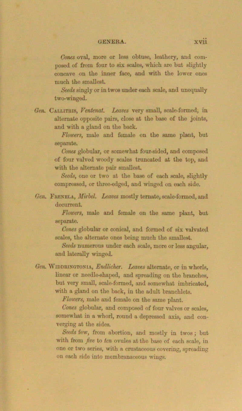 Cones oval, more or less obtuse, leathery, and com- posed of from four to six scales, which are but slightly concave on the inner face, and with the lower ones much the smallest. Seeds singly or in twos under each scale, and unequally two-^vinged. Gen. Callitbis, Ventenat. Leaves verj' small, scale-formed, in alternate opposite pairs, close at the base of the joints, and with a gland on the back. Flowers, male and female on the same plant, but separate. Cones globular, or somewhat four-sided, and compo.sed of four valved woody scales truncated at the top, and with the alternate pair smallest. Seeds, one or two at the base of each scale, slightly compressed, or tluee-edged, and winged on each side. Gen. ¥RF.azLA, Mirbel. mostly tomate, scale-formed, and decumsnt. Flowers, male and female on the same plant, but separate. Corws globular or conical, and formed of six valvated scales, the alternate ones being much the smallest. Seeds numerous under each scale, more or less angular, and laterally winged. Gen. WiDDRiNGTo.MA, EndUchtr. Leaves alternate, or in whorls, linear or needle-shaped, and spreading on the branches, but very small, scale-formed, and somewhat imbricated, with a gland on the back, in the adult branchlets. Flowers, male and female on the same plant. Cones globular, and composed of four valves or scales, somewhat in a wliorl, round a depressed axis, and con- verging at the sides. Seeds few, from abortion, and mostly in twos; but with from five to Icn ovules at the base of each scale, in one or two series, with a crustnceous covering, sj)rcading on each side into membranaceous wings.