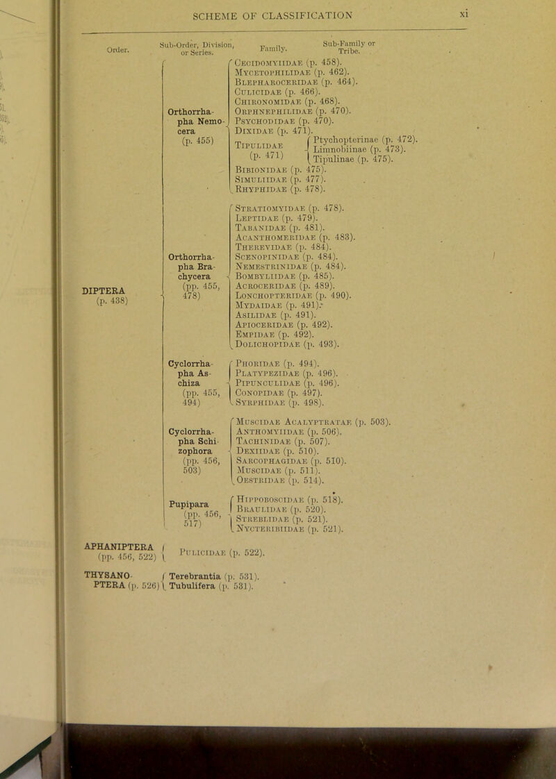 Order. DIPTERA (p. 438) APHANIPTERA (pp. 4.58, 522) THY8ANO- PTERA (p. 526 Sub-Order, Uivisioii, or Series. Family. Sub-I'^imily or Tribe. Orthorrha- pha Nemo- cera (p. 455) ■ OECinOMYIIDAE (p. 458). Mycetoi’Hilidae (p. 462). Blephaiioceeidae (p. 464). CuuciDAE (p. 466). Chironomidae (p. 468). Orphnephilidae (p. 470). PsYCHODIDAE (p. 470). Dixidae (p. 471). m I Ptychopterinae (p. 472). i LimnoMinae (p. 473). (p. 471) [ Tipulinae (p. 475). Bibionidae (p. 475). SiMULIIDAE (p. 477). ^Rhyphidae (p. 478). Orthoxxha- pha Bra- chycera (pp. 455, 478) Cyclorrha- pha As- chiza (pp. 455, 494) Cyclorrha- pha Schi- zophora (pp. 456, 503) Pupipara (pp. 456, I 517)  Stratiomy'idae (p. 478). Lbptidae (p. 479). Tabanidae (p. 481). Acanthomerieae (p. 483). Thereviuae (p. 484). SCENOPINIDAE (p. 484). Nemestrinidae (p. 484). - BOMBYailDAE (l). 485). Aceoceridae (jx 489). Lonchopteridae (p. 490). Mydaidae (p. 491).* Asilidae (p. 491). Apioceridae (p. 492). Empidae (p. 492). ^ Dolichopidae (p. 493). ' Phoridae (p. 494). PLATYPEZID.A.E (p. 496). - PlPUNCULIDAE (p. 496). CONOPIEAE (p. 497). .Syrphidae (p. 498). 'Muscidae Acalyptratae (p. 503). Anthomyiieae (p. 506). Tachinidae (p. 507). - Dexiieae (p. 510). Sarcophagidae (p. 510). Muscidae (p. 511). ^Oe.strii)ae (p. 514). » C Hippoboscidae (p. 518). I Braulidae (p. 520). 'j Strebi.idae (p. 521). INycteuibiidae (p. 521). j PUI.ICID.V.E (p. 522). ( Terebrantia (]). 531). Tubulifera (p. 531). / »