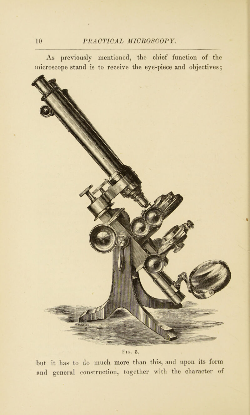 As previously mentioned, the chief function of the microscope stand is to receive the eye-piece and objectives; \ 0m M Fig. 5. but it has to do much more than this, and upon its form and general construction, together with the character of