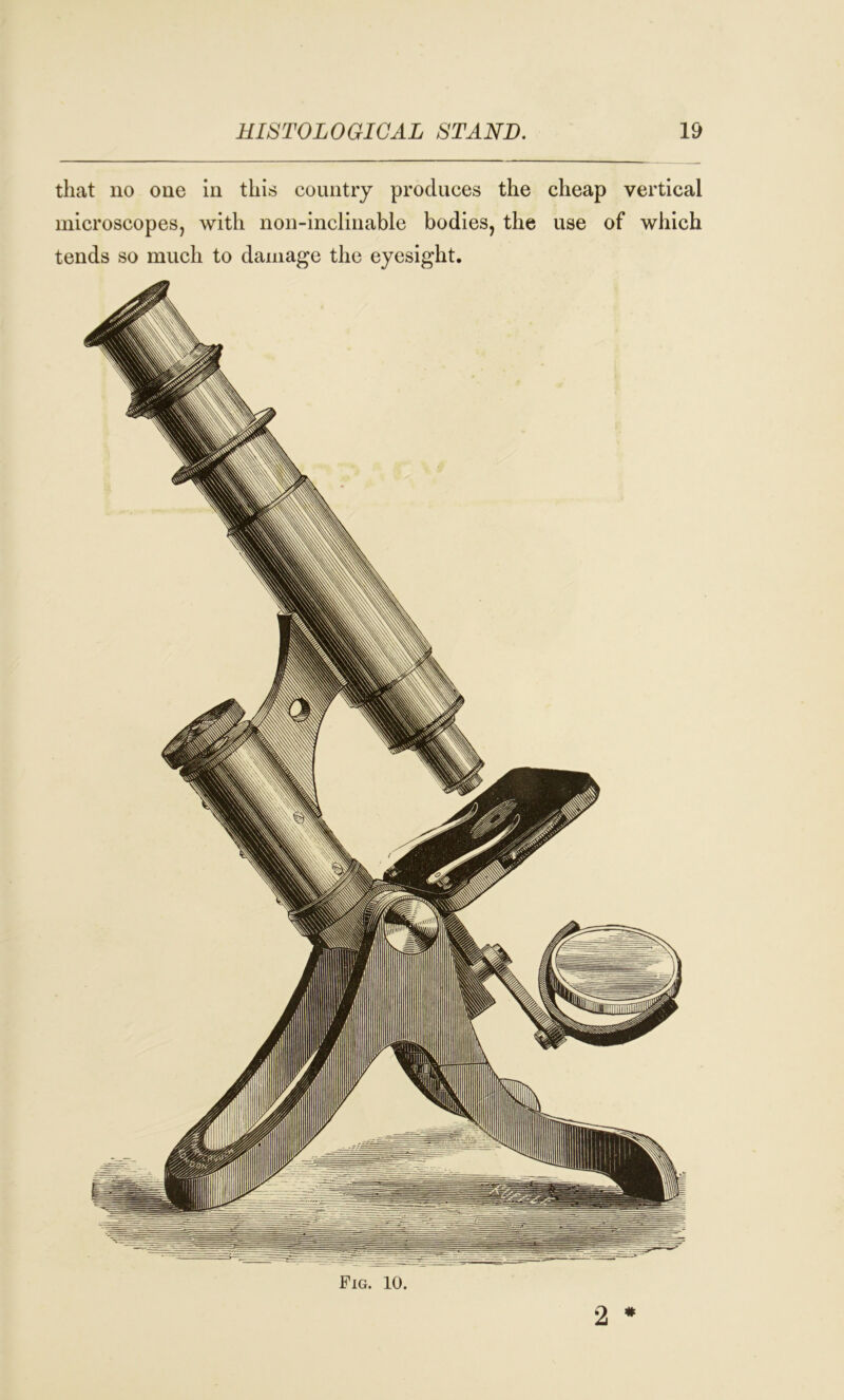 that no one in this country produces the cheap vertical microscopes, with non-incliuable bodies, the use of which tends so much to damage the eyesight. Fig. 10. 2