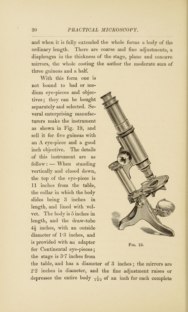 and when it is fully extended the whole forms a body of the ordinary length. There are coarse and fine adjustments, a diaphragm in the thickness of the stage, plane and concave mirrors, the whole costing the author the moderate sum of three guineas and a half. With this form one is not bound to bad or me- dium eye-pieces and objec- tives ; they can be bought separately and selected. Se- veral enterprising manufac- turers make the instrument as shown in Fig. 19, and sell it for five guineas with an A eye-piece and a good inch objective. The details of this instrument are as follow: — When standing vertically and closed down, the top of the eye-piece is 11 inches from the table, the collar in which the body slides being 3 inches in length, and lined with vel- vet. The body is 5 inches in length, and the draw-tube A\ inches, with an outside diameter of T3 inches, and is provided with an adapter for Continental eye-pieces; the stage is 3*7 inches from the table, and has a diameter of 3 inches j the mirrors are 2*2 inches in diameter, and the fine adjustment raises or depresses the entire body of an inch for each complete