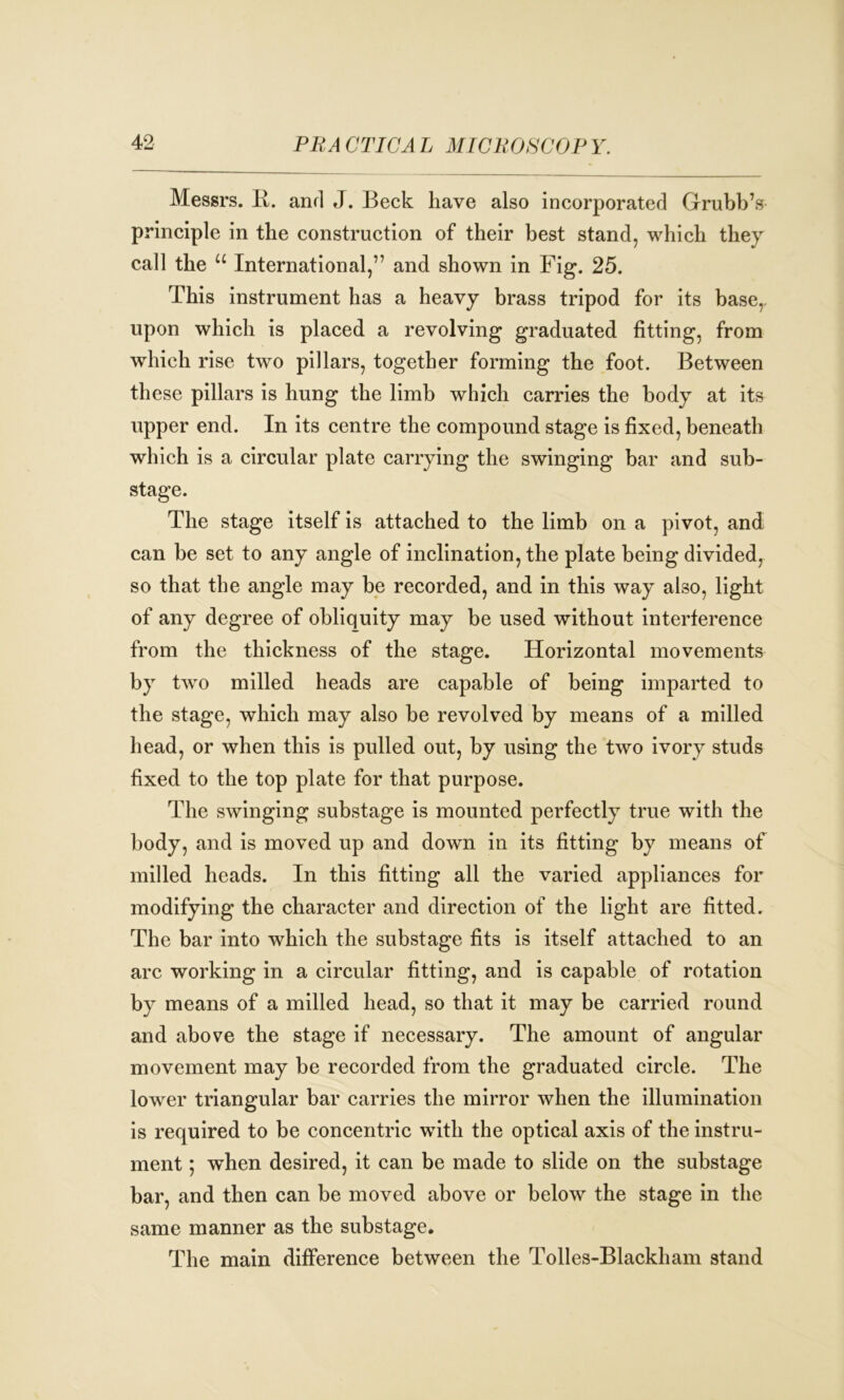 Messrs. 11. and J. Beck have also incorporated Grubb’s principle in the construction of their best stand, which they call the u International,” and shown in Fig. 25. This instrument has a heavy brass tripod for its base, upon which is placed a revolving graduated fitting, from which rise two pillars, together forming the foot. Between these pillars is hung the limb which carries the body at its upper end. In its centre the compound stage is fixed, beneath which is a circular plate carrying the swinging bar and sub- stage. The stage itself is attached to the limb on a pivot, and can be set to any angle of inclination, the plate being divided, so that the angle may be recorded, and in this way also, light of any degree of obliquity may be used without interference from the thickness of the stage. Horizontal movements by two milled heads are capable of being imparted to the stage, which may also be revolved by means of a milled head, or when this is pulled out, by using the two ivory studs fixed to the top plate for that purpose. The swinging substage is mounted perfectly true with the body, and is moved up and down in its fitting by means of milled heads. In this fitting all the varied appliances for modifying the character and direction of the light are fitted. The bar into which the substage fits is itself attached to an arc working in a circular fitting, and is capable of rotation by means of a milled head, so that it may be carried round and above the stage if necessary. The amount of angular movement may be recorded from the graduated circle. The lower triangular bar carries the mirror when the illumination is required to be concentric with the optical axis of the instru- ment ; when desired, it can be made to slide on the substage bar, and then can be moved above or below the stage in the same manner as the substage. The main difference between the Tolles-Blackham stand