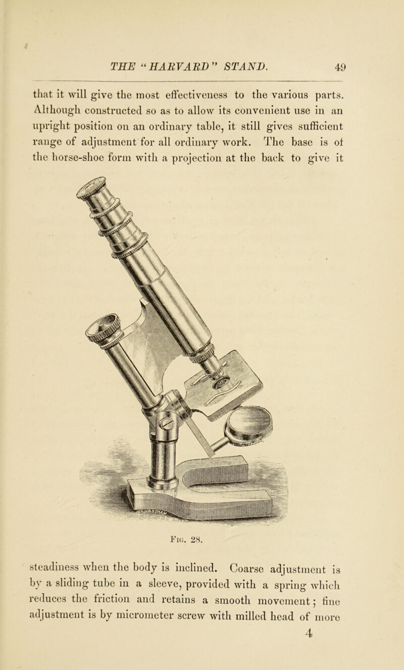 that it will give the most effectiveness to the various parts. Although constructed so as to allow its convenient use in an upright position on an ordinary table, it still gives sufficient range of adjustment for all ordinary work. The base is of the horse-shoe form with a projection at the back to give it Fig. 28. steadiness when the body is inclined. Coarse adjustment is by a sliding tube in a sleeve, provided with a spring which reduces the friction and retains a smooth movement; fine adjustment is by micrometer screw with milled head of more 4