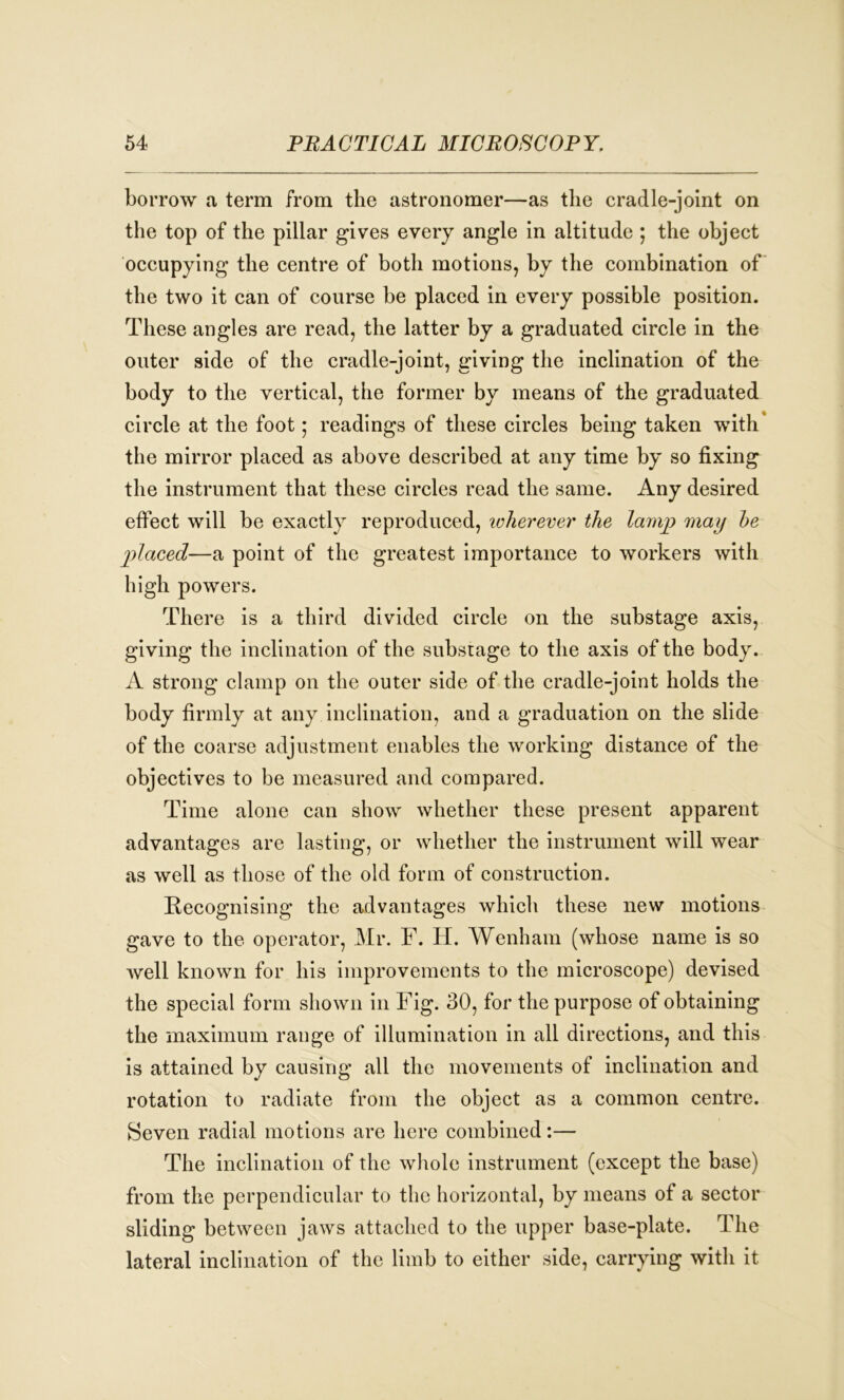 borrow a term from the astronomer—as the cradle-joint on the top of the pillar gives every angle in altitude ; the object occupying the centre of both motions, by the combination of the two it can of course be placed in every possible position. These angles are read, the latter by a graduated circle in the outer side of the cradle-joint, giving the inclination of the body to the vertical, the former by means of the graduated circle at the foot; readings of these circles being taken with the mirror placed as above described at any time by so fixing the instrument that these circles read the same. Any desired effect will be exactly reproduced, wherever the lamp may he placed—a point of the greatest importance to workers with high powers. There is a third divided circle on the substage axis, giving the inclination of the subsrage to the axis of the body. A strong clamp on the outer side of the cradle-joint holds the body firmly at any inclination, and a graduation on the slide of the coarse adjustment enables the working distance of the objectives to be measured and compared. Time alone can show whether these present apparent advantages are lasting, or whether the instrument will wear as well as those of the old form of construction. Recognising the advantages which these new motions gave to the operator, Mr. F. H. Wenham (whose name is so well known for his improvements to the microscope) devised the special form shown in Fig. 30, for the purpose of obtaining the maximum range of illumination in all directions, and this is attained by causing all the movements of inclination and rotation to radiate from the object as a common centre. Seven radial motions are here combined:— The inclination of the whole instrument (except the base) from the perpendicular to the horizontal, by means of a sector sliding between jaws attached to the upper base-plate. The lateral inclination of the limb to either side, carrying with it
