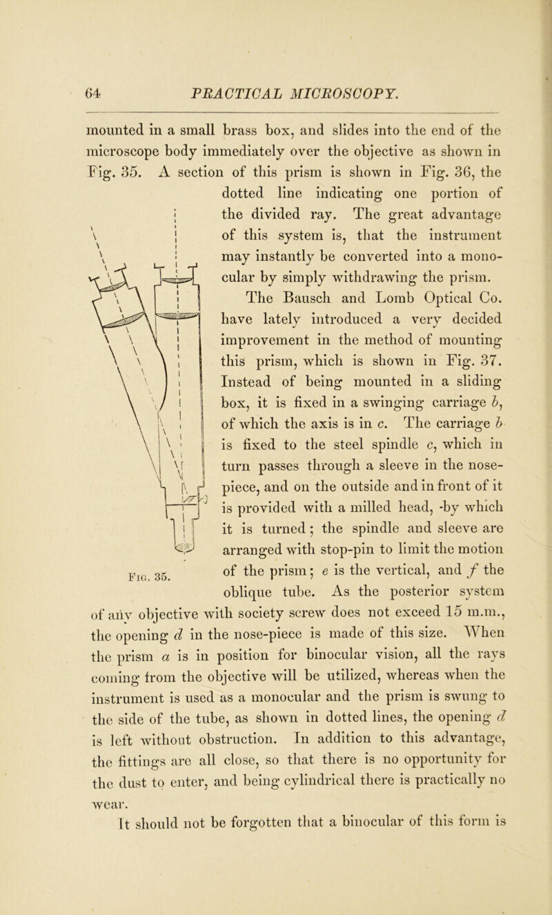 mounted in a small brass box, and slides into the end of the microscope body immediately over the objective as shown in Fig. 35. A section of this prism is shown in Fig. 36, the dotted line indicating one portion of the divided ray. The great advantage of this system is, that the instrument may instantly be converted into a mono- cular by simply withdrawing the prism. The Bausch and Lomb Optical Co. have lately introduced a very decided improvement in the method of mounting this prism, which is shown in Fig. 37. Instead of being mounted in a sliding box, it is fixed in a swinging carriage 6, of which the axis is in c. The carriage b is fixed to the steel spindle c, which in turn passes through a sleeve in the nose- piece, and on the outside and in front of it is provided with a milled head, -by which it is turned; the spindle and sleeve are arranged with stop-pin to limit the motion of the prism; e is the vertical, and f the oblique tube. As the posterior system of aiiy objective with society screw does not exceed 15 m.m., the opening d in the nose-piece is made of this size. When the prism a is in position for binocular vision, all the rays coining from the objective will be utilized, whereas when the instrument is used as a monocular and the prism is swung to the side of the tube, as shown in dotted lines, the opening d is left without obstruction. In addition to this advantage, the fittings are all close, so that there is no opportunity for the dust to enter, and being cylindrical there is practically no wear. It should not be forgotten that a binocular of this form is