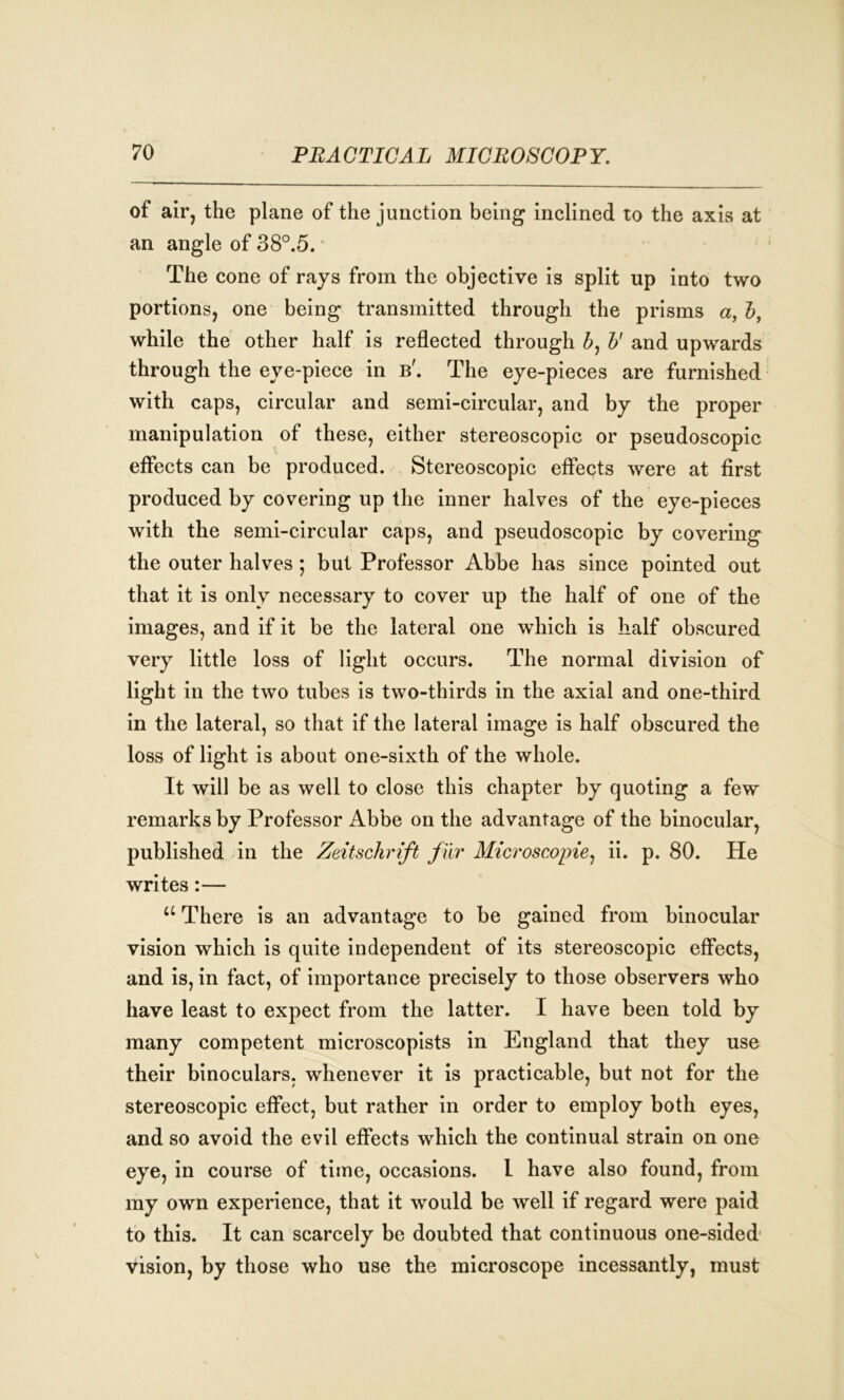 of air, the plane of the junction being inclined to the axis at an angle of 38°.5. The cone of rays from the objective is split up into two portions, one being transmitted through the prisms a, h, while the other half is reflected through b, V and upwards through the eye-piece in b'. The eye-pieces are furnished with caps, circular and semi-circular, and by the proper manipulation of these, either stereoscopic or pseudoscopic effects can be produced. Stereoscopic effects were at first produced by covering up the inner halves of the eye-pieces with the semi-circular caps, and pseudoscopic by covering the outer halves; but Professor Abbe has since pointed out that it is only necessary to cover up the half of one of the images, and if it be the lateral one which is half obscured very little loss of light occurs. The normal division of light in the two tubes is two-thirds in the axial and one-third in the lateral, so that if the lateral image is half obscured the loss of light is about one-sixth of the whole. It will be as well to close this chapter by quoting a few remarks by Professor Abbe on the advantage of the binocular, published in the Zeitschrift fur Microscopie, ii. p. 80. He writes:— “ There is an advantage to be gained from binocular vision which is quite independent of its stereoscopic effects, and is, in fact, of importance precisely to those observers who have least to expect from the latter. I have been told by many competent microscopists in England that they use their binoculars, whenever it is practicable, but not for the stereoscopic effect, but rather in order to employ both eyes, and so avoid the evil effects which the continual strain on one eye, in course of time, occasions. I have also found, from my own experience, that it would be well if regard were paid to this. It can scarcely be doubted that continuous one-sided vision, by those who use the microscope incessantly, must