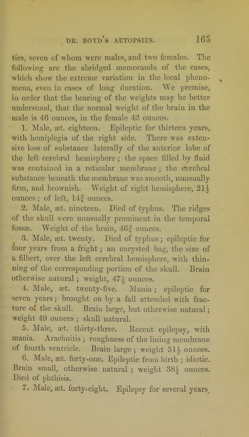 DR. BOYD’S AUTOPSIES. 1G5 tics, seven of whom were males, and two females. The following are the abridged memoranda of the eases, which show the extreme variation in the local pheno- mena, even in cases of long duration. We premise, in order that the bearing of the weights may be better understood, that the normal weight of the brain in the male is 46 ounces, in the female 42 ounces. 1. Male, set. eighteen. Epileptic for thirteen years, with hemiplegia of the right side. There was exten- sive loss of substance laterally of the anterior lobe of the left cerebral hemisphere; the space filled by fluid was contained in a reticular membrane ; the cerebral substance beneath the membrane was smooth, unusually firm, and brownish. Weight of right hemisphere, 214 ounces; of left, 14f ounces. 2. Male, set. nineteen. Died of typhus. The ridges of the skull were unusually prominent in the temporal fossse. Weight of the brain, 46f ounces. 3. Male, set. twenty. Died of typhus; epileptic for four years from a fright; an encysted bag, the size of a filbert, over the left cerebral hemisphere, with thin- ning of the corresponding portion of the skull. Brain otherwise natural; weight, 47^ ounces. 4. Male, set. twenty-five. Mania; epileptic for seven years; brought on by a fall attended with frac- ture of the skull. Brain large, but otherwise natural; weight 49 ounces ; skull natural. 5. Male, set. thirty-three. Recent epilepsy, with mania. Arachnitis ; roughness of the lining membrane of fourth ventricle. Brain large j weight 514 ounces. 6. Male, set. forty-one. Epileptic from birth ; idiotic. Brain small, otherwise uatural ; weight 384 ounces. Died of phthisis.