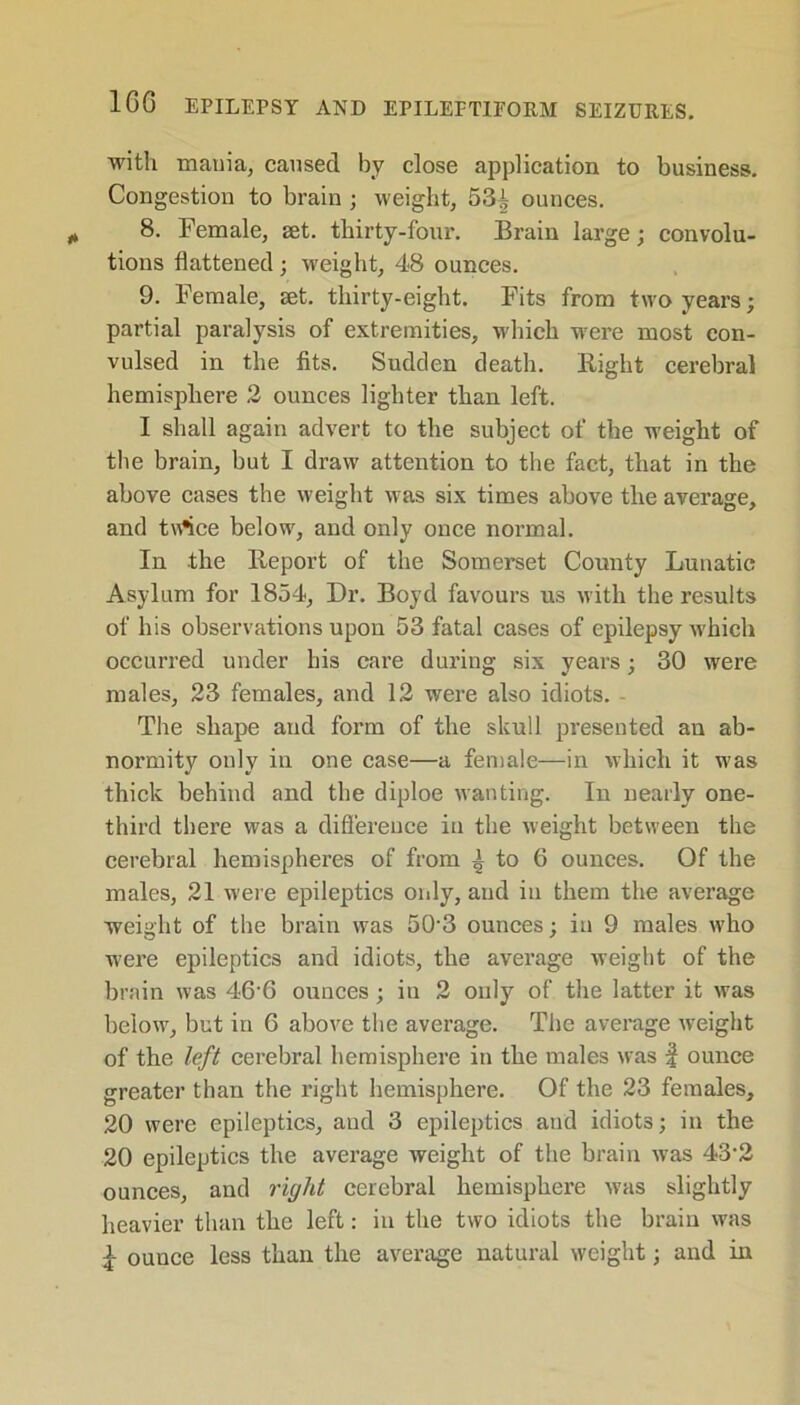 with mania, caused by close application to business. Congestion to brain ; weight, 53| ounces. 8. Female, get. thirty-four. Brain large; convolu- tions flattened ; weight, 48 ounces. 9. Female, set. thirty-eight. Fits from two years; partial paralysis of extremities, which were most con- vulsed in the fits. Sudden death. Bight cerebral hemisphere 2 ounces lighter than left. I shall again advert to the subject of the weight of the brain, but I draw attention to the fact, that in the above cases the weight was six times above the average, and t\\*ice below, and only once normal. In the Beport of the Somerset County Lunatic Asylum for 1854, Dr. Boyd favours us with the results of his observations upon 53 fatal cases of epilepsy which occurred under his care during six years; 30 were males, 23 females, and 12 were also idiots. - The shape and form of the skull presented an ab- normity only in one case—a female—in which it was thick behind and the diploe wanting. In nearly one- third there was a difference in the weight between the cerebral hemispheres of from ^ to 6 ounces. Of the males, 21 were epileptics only, and in them the average weight of the brain was 50-3 ounces; in 9 males who were epileptics and idiots, the average weight of the brain was 466 ounces ; in 2 only of the latter it was below, but in 6 above the average. The average weight of the left cerebral hemisphere in the males was f ounce greater than the right hemisphere. Of the 23 females, 20 were epileptics, and 3 epileptics and idiots; in the 20 epileptics the average weight of the brain was 43‘2 ounces, and right cerebral hemisphere was slightly heavier than the left: in the two idiots the brain was £ ounce less than the average natural weight; and in