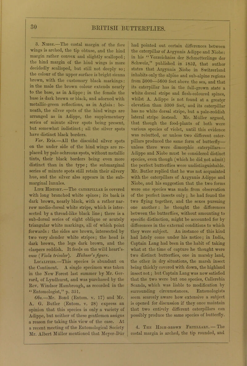 3. Niobe.—The costal margin of the fore wings is arched, the tip obtuse, and the hind margin rather convex and slightly scalloped; the hind margin of the hind wings is more decidedly scalloped, but still not deeply so; the colour of the upper surface is bright sienna brown, with the customary black markings: in the male the bi’own colour extends nearly to the base, as in Ad ip pc; in the female the base is dark brown or black, and adorned with metallic-green reflections, as in Aglaia: be- neath, the silver spots of the hind wings are arranged as in Adippe, the supplementary series of minute silver spots being present, but somewhat indistinct; all the silver spots have distinct black borders. Var. Eris.—All the discoidal silver spots on the under side of the hind wings are re- placed by pale ochreous spots, without metallic tints, their black borders being even more distinct than in the type; the submarginal series of minute spots still retain their silvery hue, and the silver also appears in the sub- marginal lunules. Lite History.—The caterpillar is covered with long branched white spines; its back is dark brown, nearly black, with a rather nar- row medio-dorsal white stripe, which is inter- sected by a thread-like black line; there is a sub-dorsal series of eight oblique or acutely triangular white markings, all of which point forwards : the sides are brown, intersected by two very slender white stripes; the head is dark brown, the legs dark brown, and the claspers reddish. It feeds on the wild heart’s- ease ( Viola tricolor). Hiilner's figure. Localities.—This species is abundant on the Continent. A single specimen was taken in the New Eorest last summer by Mr. Ger- rard, of Lyndhurst, and was purchased by the Rev. Windsor Hambrough, as recorded in the “Entomologist,” p. 351. Ols.—Mr. Bond (Entom. v. 17) and Mr. A. G. Butler (Entom. v. 28) express an opinion that this species is only a variety of Adippe, but neither of these gentlemen assigns a reason for taking this view of the case. At a recent meeting of the Entomological Society Mr. Albert Muller mentioned that Meyer-Diir had pointed out certain differences between the caterpillar of Argynnis Adippe and Niobe: in his “ Verzeichniss der Schmetterlinge der Schweiz,” published in 1852, that author states that Argynnis Niobe in Switzerland inhabits only the alpine and sub-alpine regions from 3000—5600 feet above the sea, and that its caterpillar has in the full-grown state a white dorsal stripe and flesh-coloured spines, whilst A. Adippe is not found at a greater elevation than 3300 feet, and its caterpillar has no white dorsal stripe, but a pale-reddish lateral stripe instead. Mr. Muller argued, that though the food-plants of both were various species of violet, until this evidence was rebutted, or unless two different cater- pillars produced the same form of butterfly— unless there were dimorphic caterpillars— Adippe and Niobe must be considered distinct species, even though (which he did not admit) the perfect butterflies were uudistinguishable. Mr. Butler replied that he was not acquainted with the caterpillars of Argynnis Adippe and Niobe, and his suggestion that the two forms were one species was made from observation of the perfect insects only ; he had found the two flying together, and the sexes pursuing one another : he thought the differences between the butterflies, without amounting to specific distinction, might be accounted for by differences in the external conditions to which they were subject. An instance of this kind had lately come under his notice; in India, Captain Lang had been in the habit of taking what at the time of capture he thought were two distinct butterflies, one in marshy land, the other in dry situations, the marsh insect being thickly covered with down, the highland insect not; but Captain Lang was now satisfied that the two were but one species, Callerebia Scanda, which was liable to modification by surrounding circumstances. Entomologists seem scarcely aware how extensive a subject is opened for discussion if they once maintain that two entirely different caterpillars can possibly produce the same species of butterfly. 4. The High-brown Eritillary. — The costal margin is arched, the tip rounded, and