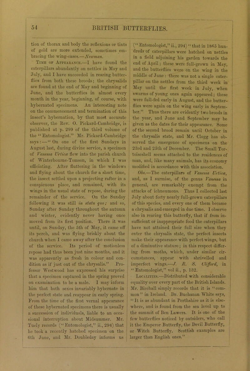 tion of thorax and body the reflexions or tints of gold are more extended, sometimes em- bracing the wing-cases.—Newman. Time of Appearance.—I have found the caterpillars abundantly on nettles in May and July, and I have succeeded in rearing butter- flies from both these broods; the chrysalids are found at the end of May and beginning of June, and the butterflies in almost every month in the year, beginning, of course, with hybernated specimens. An interesting note on the commencement and termination of this insect’s hybernation, by that most accurate observer, the ltev. 0. Pickard-Cambridge, is published at p. 299 of the third volume of the “ Entomologist.” Mr. Pickard-Cambridge says: — “On one of the first Sundays in August last, during divine service, a specimen of Vanessa Urticce flew into the parish church of Winterbourne-Tomson, in which I was ofliciating. After fluttering in the windows and flying about the church for a short time, the insect settled upon a projecting rafter in a conspicuous place, and remained, with its wings in the usual state of repose, during the remainder of the service. On the Sunday following it was still in statu quo; and so, Sunday after Sunday throughout the autumn and winter, evidently never having once moved from its first position. There it was until, on Sunday, the 5th of May, it came off its perch, and was flying briskly about the church when I came away after the conclusion of the service. Its period of motionless repose had thus been just nine months, and it was apparently as fresh in colour and con- dition as if just out of the chrysalis.” Pro- fessor Westwood has expressed his surprise that a specimen captured in the spring proved on examination to be a male. I may inform him that both sexes invariably hybernate in the perfect state and reappear in early spring. From the time of the first vernal appearance of these hybernated specimens there is usually a succession of individuals, liable to an occa- sional interruption about Midsummer. Mr. Tuely records (“ Entomologist,” ii., 294) that he took a recently hatched specimen on the 6th June, and Mr. Doubleday informs us (“ Entomologist,” ii., 294) “ that in 1865 hun- dreds of caterpillars were hatched on nettles in a field adjoining his garden towards the end of April; these were full-grown in May, and the butterflies were on the wing in the middle of June : there was not a single cater- pillar on the nettles from the third week in May until the first week in July, when swarms of young ones again appeared; these were full-fed early in August, and the butter- flies were again on the wing early in Septem- ber.” Thus there are evidently two broods in the year, and June and September may be given as the dates for their appearance. Some of the second brood remain until October in the chrysalis state, and Mr. Clogg has ob- served the emergence of specimens on the 23rd and 25th of December. The Small Tor- toiseshell seems attached to the residences of man, and, like many animals, has its economy modified in accordance with this association. Obs.—The caterpillars of Vanessa Urticce, and, as I surmise, of the genus Vanessa in general, are remarkably exempt from the attacks of ichneumons. Thus I collected last July about forty nearly full-grown caterpillars of this species, and every one of them became a chrysalis and emerged in due time. I observe also in rearing this butterfly, that if from in- sufficient or inappropriate food the caterpillars have not attained their full size when they enter the chrysalis state, the perfect insects make their appearance with perfect wings, but of a diminutive stature ; in this respect differ- ing from moths, which, under similar cir- cumstances, appear with shrivelled and imperfect wings.—J. It. S. Clifford, in “ Entomologist,” vol ii., p. 132. Localities.—Distributed with considerable equality over every part of the British Islands. Mr. Birchall simply records that it is “com- mon ” in Ireland. Dr. Buchanan White says, “ It is as abundant in Perthshire as it is else- where, and is found from the sea level up to the summit of Ben Lawers. It is one of the few butterflies noticed by outsiders, who call it the Emperor Butterfly, the Devil Butterfly, or Witch Butterfly. Scottish examples are j larger than English ones.”