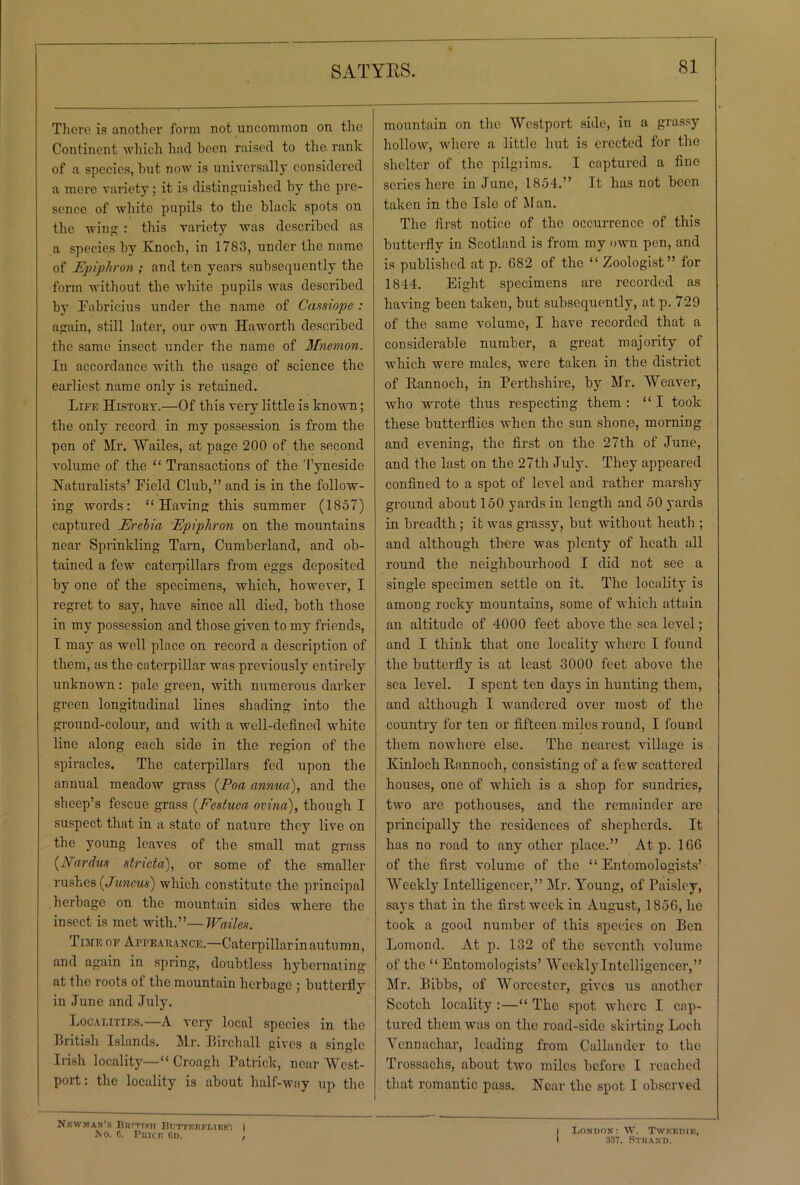 There is another form not uncommon on the Continent which had been raised to the rank of a species, but now is universally considered a more variety; it is distinguished by the pre- sence of white pupils to the black spots on the wing : this variety was described as a species by Ivnoch, in 1783, under the name of Epiphron; and ten years subsequently the form without the white pupils was described by Fabricius under the name of Cassiope : again, still later, our own Haworth described the same insect under the name of Mnemon. In accordance with the usage of science the earliest name only is retained. Life Histoey.—Of this very little is known; the only record in my possession is from the pen of Mr. Wailes, at page 200 of the second volume of the “ Transactions of the Tyneside Naturalists’ Field Club,” and is in the follow- ing words: “Having this summer (1857) captured Erebia Epiphron on the mountains near Sprinkling Tarn, Cumberland, and ob- tained a few caterpillars from eggs deposited by one of the specimens, which, however, I regret to say, have since all died, both those in my possession and those given to my friends, I may as well place on record a description of them, as the caterpillar was previously entirely unknown: pale green, with numerous darker green longitudinal lines shading into the ground-colour, and with a well-defined white line along each side in the region of the spiracles. The caterpillars fed upon the annual meadow grass {Poa annua), and the sheep’s fescue grass (Festuca ovina), though I suspect that in a state of nature they live on the young leaves of the small mat grass (Nardus stneta), or some of the smaller rushes {Juncus) which constitute the principal herbage on the mountain sides where the insect is met with.”—TFailen. Time of Appeaeance.—Caterpillar in autumn, and again in spring, doubtless hybernating at the roots ot the mountain herbage ; butterfly in June and July. Localities.—A very local species in the British Islands. Mr. Birchall gives a single Irish locality—“ Croagh Patrick, near West- port: the locality is about half-way up the mountain on the Westport side, in a grassy hollow, where a little hut is erected for the shelter of the pilgiims. I captured a fine series here in June, 1854.” It has not been taken in the Isle of Man. The first notice of the occurrence of this butterfly in Scotland is from my own pen, and is published at p. 682 of the “ Zoologist” for 1844. Eight specimens are recorded as having been taken, but subsequently, atp. 729 of the same volume, I have recorded that a considerable number, a great majority of which were males, were taken in the district of Iiannoch, in Perthshire, by Mr. Weaver, who wrote thus respecting them : “I took these butterflies when the sun shone, morning and evening, the first on the 27th of June, and the last on the 27th July. They appeared confined to a spot of level and rather marshy ground about 150 yards in length and 50 yards in breadth ; it was grassy, but without heath ; and although there was plenty of heath all round the neighbourhood I did not see a single specimen settle on it. The locality is among rocky mountains, some of which attain an altitude of 4000 feet above the sea level; and I think that one locality where I found the butterfly is at least 3000 feet above the sea level. I spent ten days in hunting them, and although I wandered over most of the country for ten or fifteen miles round, I found them nowhere else. The nearest village is Kinloch Hnnnoch, consisting of a few scattered houses, one of which is a shop for sundries, two are pothouses, and the remainder are principally the residences of shepherds. It has no road to any other place.” At p. 166 of the first volume of the “ Entomologists’ Weekly Intelligencer,” Mr. Young, of Paisley, says that in the first week in August, 1856, he took a good number of this species on Ben Lomond. At p. 132 of the seventh volume of the “ Entomologists’ Weekly Intelligencer,” Mr. Bibbs, of Worcester, gives us another Scotch locality :—“ The spot where I cap- tured them was on the road-side skirting Loch Vennachar, leading from Callander to the Trossachs, about two miles before I reached that romantic pass. Near the spot I observed Newman’s Bnmsn Butteitelieb1: ) .No. C. PRICE CD. , London : W. Twkkdik, 837, Strand.