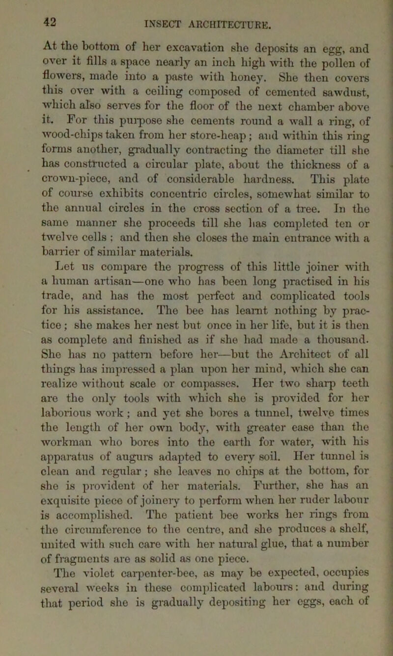 At the bottom of her excavation she deposits an egg, and over it fills a space nearly an inch high with the pollen of flowers, made into a paste with honey. She then covers this over with a ceiling composed of cemented sawdust, which also serves for the floor of the next chamber above it. For this purpose she cements round a wall a ring, of wood-chips taken from her store-heap; and within this ring forms another, gradually contracting the diameter till she has constructed a circular plate, about the thickness of a crown-piece, and of considerable hardness. This plate of course exhibits concentric circles, somewhat similar to the annual circles in the cross section of a tree. In the same manner she proceeds till she has completed ten or twelve cells ; and then she closes the main entrance with a barrier of similar materials. Let us compare the progress of this little joiner with a human artisan—ono who has been long practised in his trade, and has the most perfect and complicated tools for his assistance. The bee has leamt nothing by prac- tice ; she makes her nest but once in her life, but it is then as complete and finished as if she had made a thousand. She has no pattern before her—but the Architect of all things has impressed a plan upon her mind, which she can realize without scale or compasses. Her two sharp teeth are the only tools with which she is provided for her laborious work; and yet she bores a tunnel, twelve times the length of her own body, with greater ease than the workman who bores into the earth for water, with his apparatus of augurs adapted to every soil. Her tunnel is clean and regular; sho leaves no chips at the bottom, for she is provident of her materials. Further, she has an exquisite piece of joinery to perform when her ruder labour is accomplished. The patient bee works her rings from the circumference to the centre, and she produces a shelf, united with such care with her natural glue, that a number of fragments are as solid as one piece. The violet carpenter-bee, as may be expected, occupies several weeks in these complicated labours: and during that period she is gradually depositing her eggs, each of