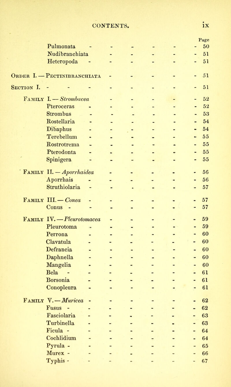 Page Pulmonata - - - - - - 50 Nudibranchiata - - - - - 51 Heteropoda - - - - - -51 Order I. — Pectinieranciiiata - - - - - 51 Section I. - - - - - - - -51 Family I. — Strombacea - - - - - 52 Pteroceras - - - - - - 52 Strombus - - - - - - 53 Rostellaria - - - - - - 54 Dibaphus - - - - - 54 Terebellum - - - - - ~55 Rostrotrema - - - - - -55 Pterodonta - - - - - -55 Spinigera - - - - - -55 Family II. — Aporrhaidea - - - - - 56 Aporrhais - - - - - - 56 Struthiolaria - - - - - - 57 Family III.— Conea - - - - - - 57 Conns - - - - - - -57 Family IV.—Pleurotomacea - - - - - 59 Pleurotoma » - - - - - 59 Perrona - - - - - - 60 Clavatula ----- - 60 Defrancia - - - - - - 60 Daphne 11 a - - - - - - 60 Mangelia - - - - - - 60 Bela - - - - - - - 61 Borsonia - - - - - - 61 Conopleura - - - - - -61 Family V. — Muricea - - - - - - 62 Fusns - - - - - - -62 Fasciolaria - - - - - - 63 Turbinella - - - - - - 63 Ficula - - - - - - -64 Cochlidium - - - - - - 64 Pyrula - - - - - - -65 Murex - - - - - - -66 Typhis - - - - - - - 67