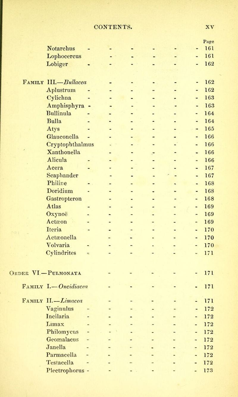 Page Not archus - 161 Lophocercus - - - - -161 Lobiger - - - - - -162 Family III.—Bullacea - - - - - 162 Aplustrum - - - - - -162 Cylichna - - - - - -163 Amphisphyra - - - - - -163 Bullinula - - - - - -164 Bulla - - - - - - 164 Atys - - - - - -165 Glauconella - - - - - -166 Cryptophthalmus - - - - - 166 Xanthonella - - - - - 166 Alicula - - - - - - 166 Acera - - - - - - 167 Scaphander - - - ' - - 167 Philine - - - - - -168 Doridium - - - - - -168 Gastropteron - - - - -168 Atlas - - - - - - 169 Oxynoe - - - - - -169 Actseon - - - - - -169 Iteria - - - - - -170 Actseonella - - - - - 170 Volvaria - - - - - -170 Cylindrites - - - - - -171 Order VI—Pulmonata - - - - -171 Family I.— Oncidiacea - - - - 171 Family II.—Limacea - - - - -171 Vaginulus - - - - - - 172 Incilaria - - - - - -172 Limax - - - - - -172 Philomycus - - - - - - 172 Geomalacus - - - - - -172 Janella - - - - - - 172 Parmacella - - - - - -172 Testacella - - •• - - - 172 Plectrophorus - - - - - - 173