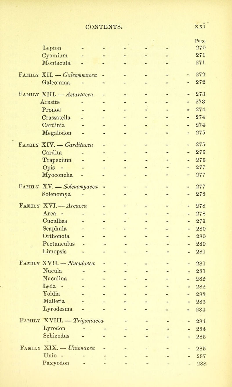 Page Lepton - « - - - 270 Cyamium - - - - - 271 Montacuta - - - - - 271 Family XII. — Galeommacea ----- 272 Galeomma - - - - - - 272 Family XIII.—Astartacea - 273 Arastte - - - - - -273 Pronoe - 274 Crassatella - - - - - -274 Cardinia - - - - - - 274 Megalodon - - - - « -275 Family XIV. — Carditacea - - - - -275 Cardita - - - - - -276 Trapezium - - - - * -276 Opis ------- 277 Myoconclia - - - - - -277 Family XV. — Solenomyacect - - - - - 277 Solenomya ------ 278 Family XVI. — Arcaceo, - - - - - 278 Area ------- 278 Cucullsea ------ 279 Scaphula ------ 280 Ortlionota - - - - - -280 Pectunculus - - - - - -280 Limopsis - - - - - -281 Family XVII. — Nuculacea - - - - - 281 Nucula - - - - - -281 Nuculina ------ 282 Leda - - ■* - - - 282 Yoldia - - - - - - 283 Malletia ------ 283 Lyrodesma ------ 284 Family XVIII. — Trigoniacea - - - - 284 Lyrodon - - - - » - 284 Schizodus - - - - - -285 Family XIX. — Unionacea - - - - - 285 Unio ------- 287 Paxyodon ------ 288