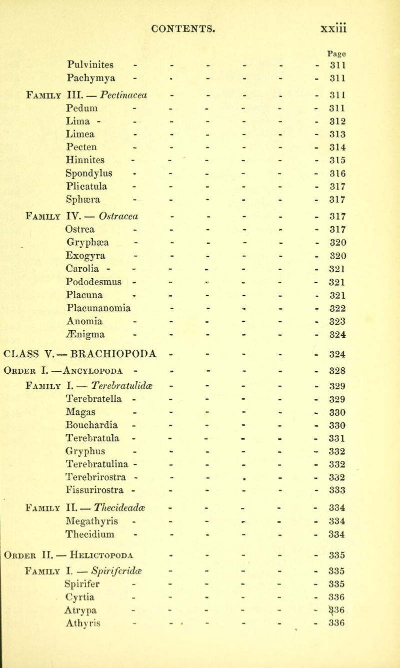 Pulvinites Page 311 Pachymya • - - - - 311 Family III. — Pectinacea - - - - - 311 Pedum - - - - - 311 Lima - - - - - - 312 Limea - - - - - 313 Pecten - - - - - 314 Hinnites - ' - - - - 315 Spondylus - - - - - 316 Plicatula - - - - - 317 Sphsora - - - - - 317 Family IV. — Ostracea - - - - - 317 Ostrea - - - - - 317 Gryphsea - - - - - 320 Exogyra - - - - - 320 Carolia - - - - - - 321 Pododesmus - - - - - 321 Placuna - - - - - 321 Placunanomia - - - - 322 Anomia - - - - - 323 ^Enigma - - - - - 324 CLASS V. — BRACHIOPODA - - - - - 324 Order I. —Ancylopoda - - - - - - 328 Family I. — TerebratuUdce - - - - - 329 Terebratella - - - - - - 329 Magas - - - - - 330 Bouchardia - - - - - 330 Terebratula - - - - - 331 Gryphus - - - - - 332 Terebratulina - - - - - - 332 Terebrirostra - - - - - 332 Fissurirostra - - - - - - 333 Family II. — Thecideadce - - - - - 334 Megathyris - - - - - 334 Thecidium - - - - - 334 Order II. — Helictopoda - - - - - 335 Family I. — Spirifcridce - - - - - 335 Spirifer - - - - - 335 Cyrtia - - - - - 336 Atrypa - - - - - §36 Athyris - • - - - - 336