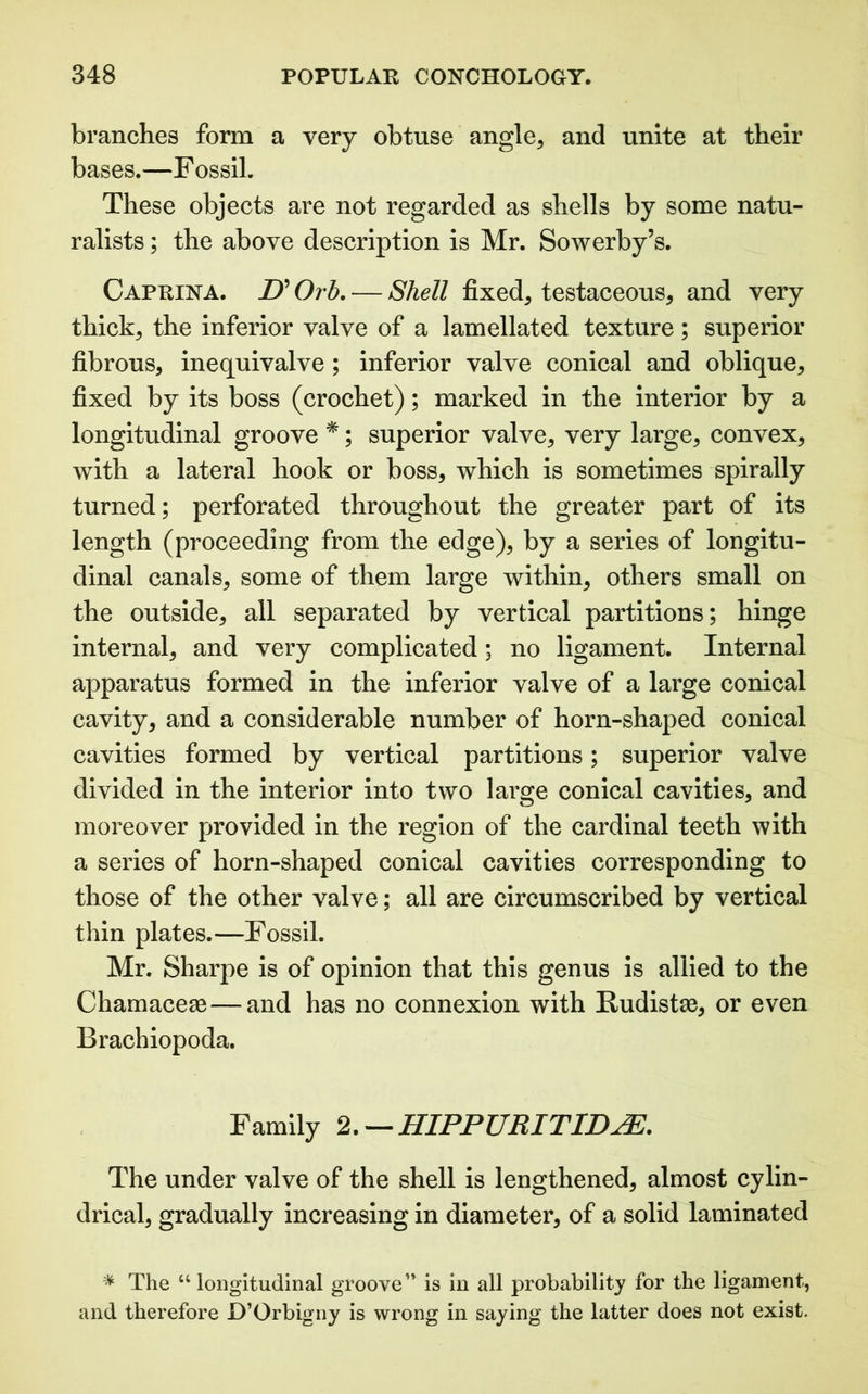 branches form a very obtuse angle, and unite at their bases.—Fossil. These objects are not regarded as shells by some natu- ralists ; the above description is Mr. Sowerby’s. Caprina. U Orb. — Shell fixed; testaceous, and very thick, the inferior valve of a lamellated texture; superior fibrous, inequivalve; inferior valve conical and oblique, fixed by its boss (crochet); marked in the interior by a longitudinal groove *; superior valve, very large, convex, with a lateral hook or boss, which is sometimes spirally turned; perforated throughout the greater part of its length (proceeding from the edge), by a series of longitu- dinal canals, some of them large within, others small on the outside, all separated by vertical partitions; hinge internal, and very complicated; no ligament. Internal apparatus formed in the inferior valve of a large conical cavity, and a considerable number of horn-shaped conical cavities formed by vertical partitions; superior valve divided in the interior into two large conical cavities, and moreover provided in the region of the cardinal teeth with a series of horn-shaped conical cavities corresponding to those of the other valve; all are circumscribed by vertical thin plates.—Fossil. Mr. Sharpe is of opinion that this genus is allied to the Chamaceae—and has no connexion with Rudistae, or even Brachiopoda. Family 2. — HIPPURITIDjE. The under valve of the shell is lengthened, almost cylin- drical, gradually increasing in diameter, of a solid laminated * The “ longitudinal grooven is in all probability for the ligament, and therefore D’Orbigny is wrong in saying the latter does not exist.