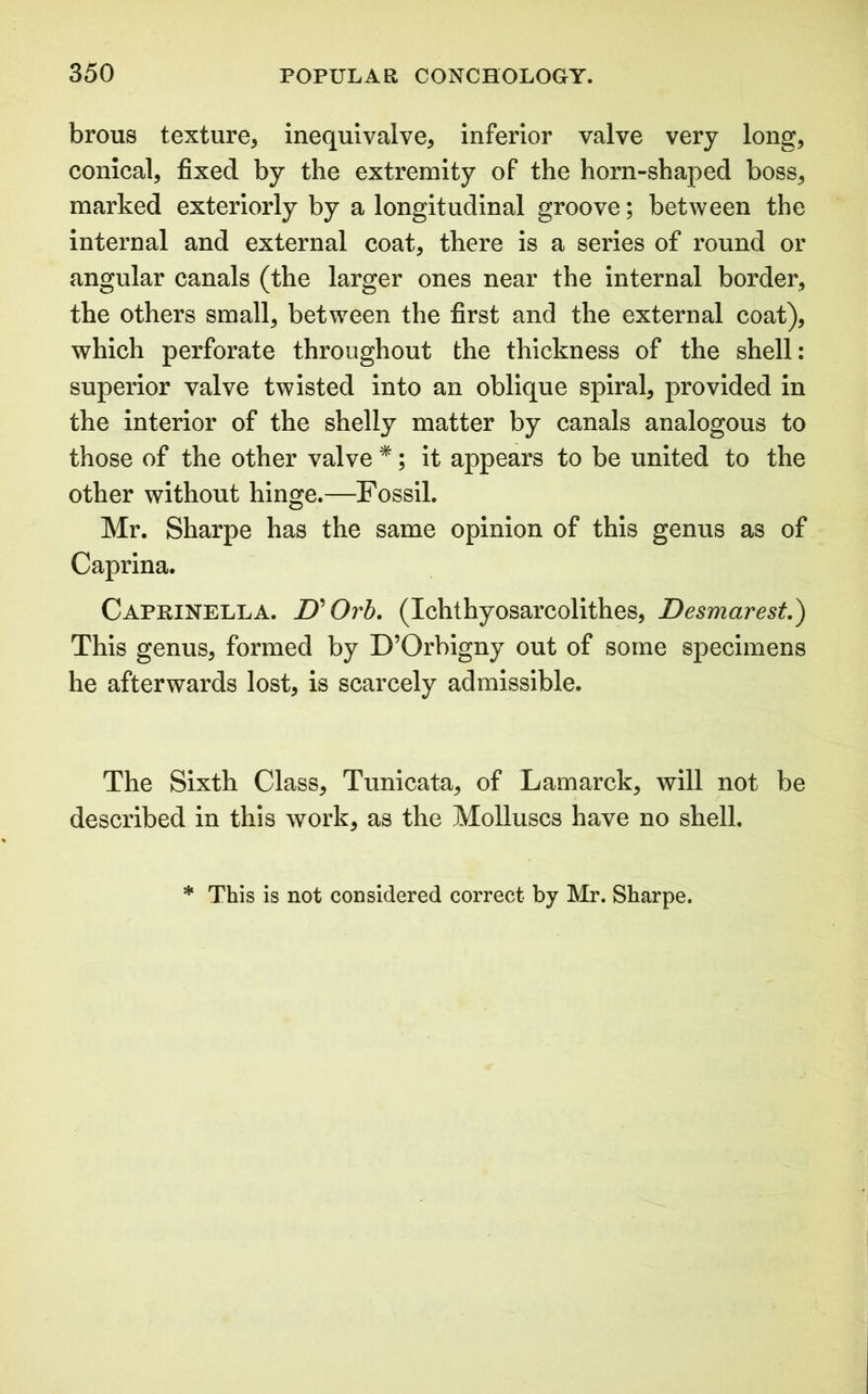 brous texture* inequivalve* inferior valve very long* conical* fixed by the extremity of the horn-shaped boss* marked exteriorly by a longitudinal groove; between the internal and external coat* there is a series of round or angular canals (the larger ones near the internal border, the others small* between the first and the external coat)* which perforate throughout the thickness of the shell: superior valve twisted into an oblique spiral* provided in the interior of the shelly matter by canals analogous to those of the other valve *; it appears to be united to the other without hinge.—Fossil. Mr. Sharpe has the same opinion of this genus as of Caprina. Caprinella. D'Orb. (Ichthyosarcolithes, Desmarest.) This genus* formed by D’Orbigny out of some specimens he afterwards lost* is scarcely admissible. The Sixth Class* Tunicata* of Lamarck* will not be described in this work* as the Molluscs have no shell. This is not considered correct by Mr. Sharpe.