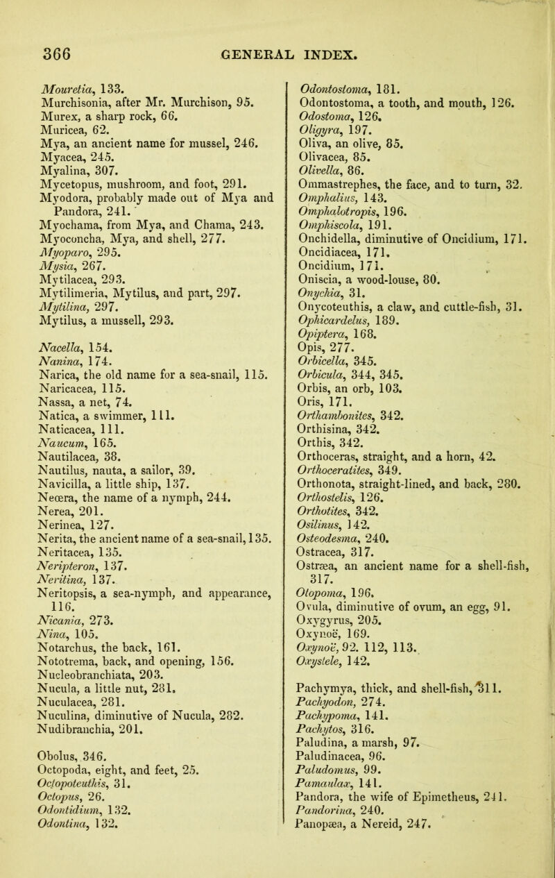 Mouretia, 133. Murchisonia, after Mr. Murchison, 95. Murex, a sharp rock, 66. Muricea, 62. Mya, an ancient name for mussel, 246. Myacea, 245. Myalina, 307. Mycetopus, mushroom, and foot, 291. Myodora, probably made out of Mya and Pandora, 241. Myochama, from Mya, and Chama, 243. Myoconcha, Mya, and shell, 2 77. Myoparo, 295. Mysia, 267. Mytilacea, 293. Mytilimeria, Mytilus, and part, 297. Mytilina, 297. Mytilus, a mussell, 293. Nacella, 154. Nanina, 174. Narica, the old name for a sea-snail, 115. Naricacea, 115. Nassa, a net, 74. Natica, a swimmer, 1 LI. Naticacea, 111. Naucum, 165. Nautilacea, 38. Nautilus, nauta, a sailor, 39. Navicilla, a little ship, 137. Neoera, the name of a nymph, 244. Nerea, 201. Nerinea, 127. Nerita, the ancient name of a sea-snail, 135. Neritacea, 135. Neripteron, 137. Neritina, 137. Neritopsis, a sea-nymph, and appearance, 116. Nicania, 273. Nina, 105. Notarchus, the back, 161. Nototrema, back, and opening, 156. Nucleobranchiata, 203. Nucula, a little nut, 281, Nuculacea, 281. Nuculina, diminutive of Nucula, 282. Nudibranchia, 201. Obolus, 346. Octopoda, eight, and feet, 25. Octopoteuthis, 31. Octopus, 26. Odontidium, 132. Odontina, 132. Odontostoma, 181. Odontostoma, a tooth, and mouth, 126. O do stoma, 126. Oligyra, 197. Oliva, an olive, 85. Olivacea, 85. Olivella, 86. Ommastrephes, the face, and to turn, 32. Omphalius, 143. Omphalotropis, 196. Omphiscola, 191. Onchidella, diminutive of Oncidium, 171. Oncidiacea, 171. Oncidium, 171. Oniscia, a wood-louse, 80. Onychia, 31. Onycoteuthis, a claw, and cuttle-fish, 31. Ophicardelus, 189. Opiptera, 168. Opis, 277. Orbicella, 345. Orbicula, 344, 345. Orbis, an orb, 103. Oris, 171. Orthambonites, 342. Orthisina, 342. Orthis, 342. Orthoceras, straight, and a horn, 42. Orthoceraiites, 349. Orthonota, straight-lined, and back, 280. Ortliostdis, 126. Orthotites, 342. Osilinus, 142. Osteodesma, 240. Ostracea, 317. Ostraea, an ancient name for a shell-fish, 317. Otopoma, 196. Ovula, diminutive of ovum, an egg, 91. Oxygyrus, 205. Oxynoe, 169. Oxynot, 9 2. 112, 113. Oxyslele, 142. Pachymya, thick, and shell-fish, ^11. Pachyodon, 274. Pacliypoma, 141. Pachytos, 316. Paludina, a marsh, 97. Paludinacea, 96. Paludomus, 99. Pamaulax, 141. Pandora, the wife of Epimetheus, 241. Pandorina, 240. Panopaea, a Nereid, 247.