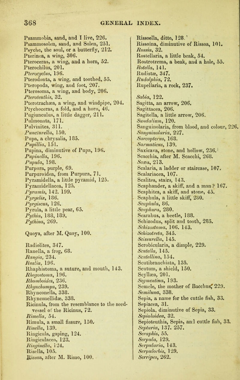 Psamraobia, sand, and I live, 226. Psammosolen, sand, and Solen, 251. Psyche, the soul, or a butterfly, 212. Pterinea, a wing, 306. Pteroceras, a wing, and a horn, 52. Pterochilus, 201. Pterocyclus, 196. Pterodonta, a wing, and toothed, 55. Pteropoda, wing, and foot, 207. Pterosoma, a wing, and body, 206. Pteroteuthis, 32. Pterotrachsea, a wing, and windpipe, 204. Ptychoceras, a fold, and a horn, 46. Pugiunculus, a little dagger, 211. Pulmonata, 171. Pulvinites, 311. PuncLurella, 150. Pupa, a chrysalis, 185. Pupil lia, 151. Pupina, diminutive of Pupa, 196. Pupinella, 196. Pupula, 198. Purpura, purple, 69. Purpuroidea, from Purpura, 71. Pyramidella, a little pyramid, 125. Pyramidellacea, 125. Pyramis, 142. 199. Pyrgelix, 186. Pyrgiscus, 126. Pyrula, a little pear, 65. Pythia, 188, 189. Pythina, 269. Quoya, after M. Quo}’, 100. Radiolites, 347. Ranella, a frog, 68. Rangia, 234. Realia, 196. Rhaphistoma, a suture, and mouth, 143. Rhegostoma, 196. Rhomb aides, 236. Rhynchomya, 239. Rhynconella, 338. Rhynconellidse, 338. Ricinula, from the resemblance to the seed- vessel of the Ricinus, 72. Rimella, 54. Rimula, a small fissure, 150. Rinella, 139. Ringicula, gaping, 124. Ringiculacea, 123. Ringinella, 124. Risella, 105. Rissoa, after M. Risso, 100. Rissoella, ditto, 128.1 Rissoina, diminutive of Rissoa, 101. Rossia, 32. Rostellaria, a little beak, 54. Rostrotrema, a beak, and a hole, 55. Rotella, 141. Rudistse, 347. Rudolphia, 72. Rupellaria, a rock, 237. Sabia, 122. Sagitta, an arrow, 206. Sagittacea, 206. Sagitella, a little arrow, 206. Saudalium, 120. Sanguinolaria, from blood, and colour, 226. Sanguinolaria, 227. Sarcopterus, 168. Sarmaticus, 139. Saxicava, stone, and hollow, 236.' Scacchia, after M. Scacchi, 268. Sccca, 213. Scalaria, a ladder or staircase, 107. Scalariacea, 107. Scalites, stairs, 143. Scaphander, a skiff, and a man ? 167. Scaphites, a skiff, and stone, 45. Scaphula, a little skiff, 280. Scaphula, 86. , Scaphura, 280. Scarabus, a beetle, 188. Schizodus, split and tooth, 285. Schizo stoma, 106. 143. Schizotreta, 345. Scissurella, 145. Scrobicularia, a dimple, 229. Scutella, 145. Scutellina, 154. Scutibranchiata, 135. Scutum, a shield, 150. Scyllaea, 201. Segmentina, 193. Semele, the mother of Bacchusf 229. Semiluna, 338. Sepia, a name for the cuttle fish, 33. Sepiacea, 31. Sepiola, diminutive of Sepia, 33. Sepioloidea, 32. Sepioteuthis, Sepia, and cuttle fish, 33. Septaria, 137. 257. Seraphis, 55. Serpula, 129. Serpularia, 143. Serpulorbis, 129. Serripes, 262.