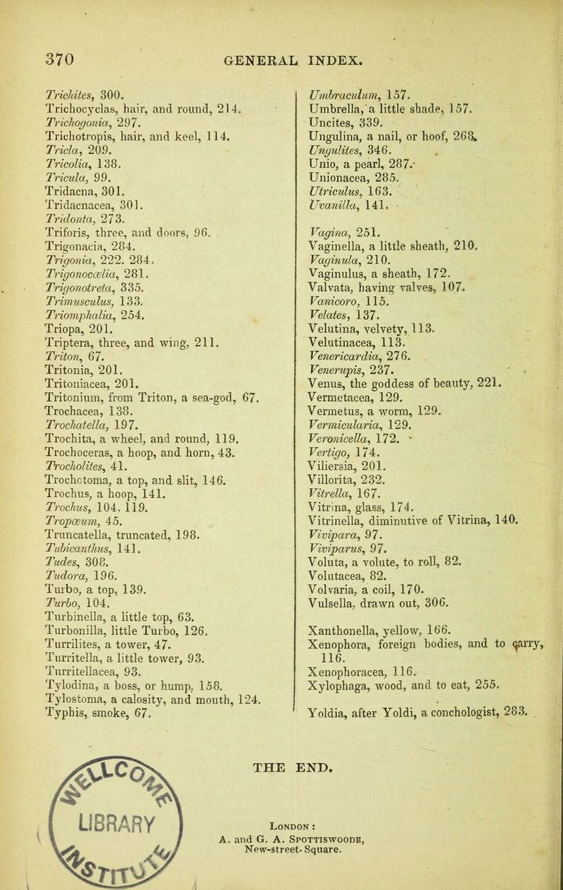 Tricldtes, 300. Trichocyclas, hair, and round, 214. Trichogonia, 297. Trichotropis, hair, and keel, 114. Triclay 209. Tricolia, 138. Tricula, 99. Tridacna, 301. Tridacnacea, 301. Tridonta, 273. Triforis, three, and doors, 96. Trigonacia, 284. Trigonia, 222. 284. Trigonoccelia, 281. Trigonotreta, 335. Trimusculus, 133. TriompTialiciy 254. Triopa, 201. Triptera, three, and wing, 211. Triton, 67. Tritonia, 201. Tritoniacea, 201. Tritonium, from Triton, a sea-god, 67. Trochacea, 138. Trochatella, 197. Trochita, a wheel, and round, 119. Trochoceras, a hoop, and horn, 43. TrocholiteSy 41. Trochotoma, a top, and slit, 146. Trochus, a hoop, 141. Troclcus, 104, 119. TropcBum, 45. Truncatella, truncated, 198. TubicantliuSy 141. Tudes, 308. Tudor a, 196. Turbo, a top, 139. Turbo, 104. Turbinella, a little top, 63. Turbonilla, little Turbo, 126. Turrilites, a tower, 47. Turritella, a little tower, 93. Turritellacea, 93. Tylodina, a boss, or hump, 158. Tylostoma, a calosity, and mouth, 124. Typhis, smoke, 67. Umhraculum, 157. Umbrella, a little shade, 157. Uncites, 339. Ungulina, a nail, or hoof, 268* UnguliteSy 346. Unio, a pearl, 287.‘ Unionacea, 285. Utriculus, 163. Uvanilla, 141. Vagina, 251. Vaginella, a little sheath, 210. Vaginula, 210. Vaginulus, a sheath, 172. Yalvata, having valves, 107. Vanicoro, 115. Velates, 137. Velutina, velvety, 113. Velutinacea, 113. Venericardia, 276. Venerupis, 237. • Venus, the goddess of beauty, 221. Vermetacea, 129. Vermetus, a worm, 129. Vermicularia, 129. Veronicella, 172. ' Vertigo, 174. Viliersia, 201. Villorita, 232. Vitrella, 167. Vitrina, glass, 174. Vitrinella, diminutive of Vitrina, 140. Vivipara, 97. Viviparus, 97. Voluta, a volute, to roll, 82. Volutacea, 82. Volvaria, a coil, 170. Vulsella, drawn out, 306. Xanthonella, yellow, 166. Xenophora, foreign bodies, and to <^arry, 116. Xenophoracea, 116. Xylophaga, wood, and to eat, 255. Yoldia, after Yoldi, a conchologist, 283. . \ THE END. London : A. and G. A. Spottiswoode, New-street- Square.
