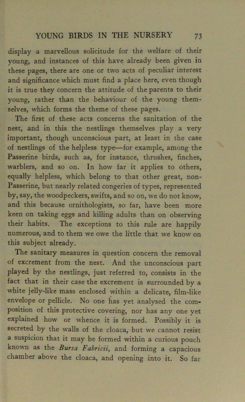 display a marvellous solicitude for the welfare of their young, and instances of this have already been given in these pages, there are one or two acts of peculiar interest and significance which must find a place here, even though it is true they concern the attitude of the parents to their young, rather than the behaviour of the young them- selves, which forms the theme of these pages. The first of these acts concerns the sanitation of the nest, and in this the nestlings themselves play a very important, though unconscious part, at least in the case of nestlings of the helpless type—for example, among the Passerine birds, such as, for instance, thrushes, finches, warblers, and so on. In how far it applies to others, equally helpless, which belong to that other great, non- Passerine, but nearly related congeries of types, represented by, say, the woodpeckers, swifts, and so on, we do not know, and this because ornithologists, so far, have been more keen on taking eggs and killing adults than on observing their habits. The exceptions to this rule are happily numerous, and to them we owe the little that we know on this subject already. The sanitary measures in question concern the removal of excrement from the nest. And the unconscious part played by the nestlings, just referred to, consists in the fact that in their case the excrement is surrounded by a white jelly-like mass enclosed within a delicate, film-like envelope or pellicle. No one has yet analysed the com- position of this protective covering, nor has any one yet explained how or whence it is formed. Possibly it is secreted by the wralls of the cloaca, but we cannot resist a suspicion that it may be formed within a curious pouch known as the Bursa Fabricii, and forming a capacious chamber above the cloaca, and opening into it. So far