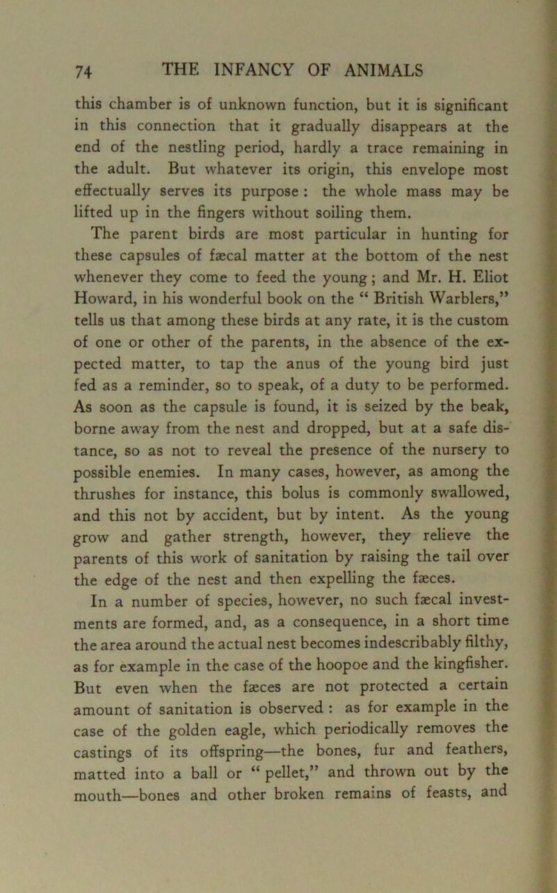 this chamber is of unknown function, but it is significant in this connection that it gradually disappears at the end of the nestling period, hardly a trace remaining in the adult. But whatever its origin, this envelope most effectually serves its purpose : the whole mass may be lifted up in the fingers without soiling them. The parent birds are most particular in hunting for these capsules of faecal matter at the bottom of the nest whenever they come to feed the young; and Mr. H. Eliot Howard, in his wonderful book on the “ British Warblers,” tells us that among these birds at any rate, it is the custom of one or other of the parents, in the absence of the ex- pected matter, to tap the anus of the young bird just fed as a reminder, so to speak, of a duty to be performed. As soon as the capsule is found, it is seized by the beak, borne away from the nest and dropped, but at a safe dis- tance, so as not to reveal the presence of the nursery to possible enemies. In many cases, however, as among the thrushes for instance, this bolus is commonly swallowed, and this not by accident, but by intent. As the young grow and gather strength, however, they relieve the parents of this work of sanitation by raising the tail over the edge of the nest and then expelling the faeces. In a number of species, however, no such faecal invest- ments are formed, and, as a consequence, in a short time the area around the actual nest becomes indescribably filthy, as for example in the case of the hoopoe and the kingfisher. But even when the faeces are not protected a certain amount of sanitation is observed : as for example in the case of the golden eagle, which periodically removes the castings of its offspring—the bones, fur and feathers, matted into a ball or “ pellet,” and thrown out by the mouth—bones and other broken remains of feasts, and