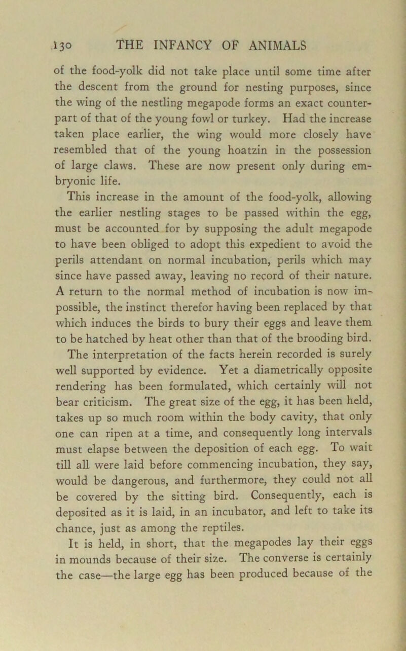 of the food-yolk did not take place until some time after the descent from the ground for nesting purposes, since the wing of the nestling megapode forms an exact counter- part of that of the young fowl or turkey. Had the increase taken place earlier, the wing would more closely have resembled that of the young hoatzin in the possession of large claws. These are now present only during em- bryonic life. This increase in the amount of the food-yolk, allowing the earlier nestling stages to be passed within the egg, must be accounted for by supposing the adult megapode to have been obliged to adopt this expedient to avoid the perils attendant on normal incubation, perils which may since have passed away, leaving no record of their nature. A return to the normal method of incubation is now im- possible, the instinct therefor having been replaced by that which induces the birds to bury their eggs and leave them to be hatched by heat other than that of the brooding bird. The interpretation of the facts herein recorded is surely well supported by evidence. Yet a diametrically opposite rendering has been formulated, which certainly will not bear criticism. The great size of the egg, it has been held, takes up so much room within the body cavity, that only one can ripen at a time, and consequently long intervals must elapse between the deposition of each egg. To wait till all were laid before commencing incubation, they say, would be dangerous, and furthermore, they could not all be covered by the sitting bird. Consequently, each is deposited as it is laid, in an incubator, and left to take its chance, just as among the reptiles. It is held, in short, that the megapodes lay their eggs in mounds because of their size. The converse is certainly the case—the large egg has been produced because of the