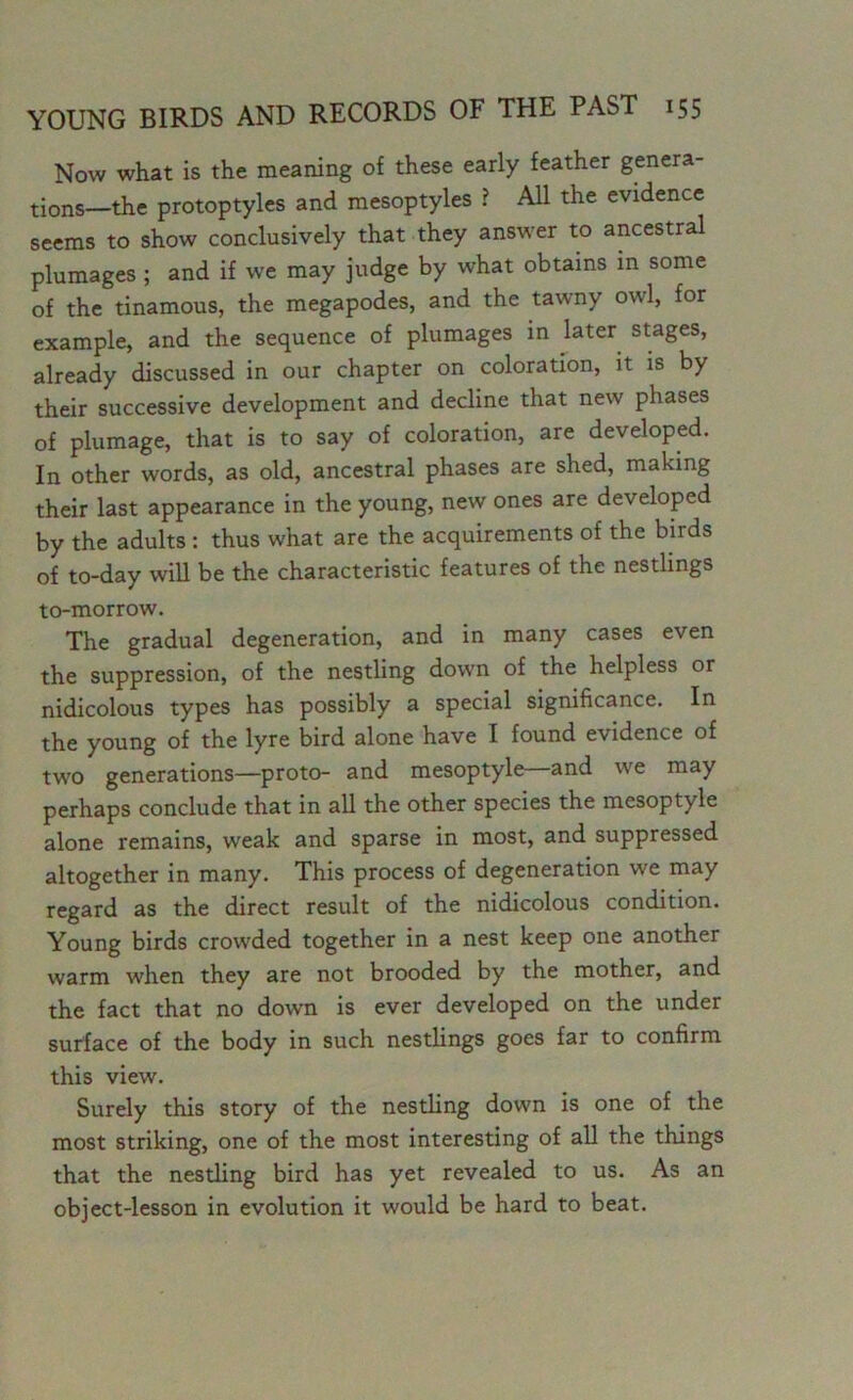 Now what is the meaning of these early feather genera- tions—the protoptyles and mesoptyles ? All the evidence seems to show conclusively that they answer to ancestral plumages ; and if we may judge by what obtains in some of the tinamous, the megapodes, and the tawny owl, for example, and the sequence of plumages in later stages, already discussed in our chapter on coloration, it is by their successive development and decline that new phases of plumage, that is to say of coloration, are developed. In other words, as old, ancestral phases are shed, making their last appearance in the young, new ones are developed by the adults : thus what are the acquirements of the birds of to-day will be the characteristic features of the nestlings to-morrow. The gradual degeneration, and in many cases even the suppression, of the nestling down of the helpless or nidicolous types has possibly a special significance. In the young of the lyre bird alone have I found evidence of two generations—proto- and mesoptyle—and we may perhaps conclude that in all the other species the mesoptyle alone remains, weak and sparse in most, and suppressed altogether in many. This process of degeneration we may regard as the direct result of the nidicolous condition. Young birds crowded together in a nest keep one another warm when they are not brooded by the mother, and the fact that no down is ever developed on the under surface of the body in such nestlings goes far to confirm this view. Surely this story of the nestling down is one of the most striking, one of the most interesting of all the things that the nestling bird has yet revealed to us. As an object-lesson in evolution it would be hard to beat.