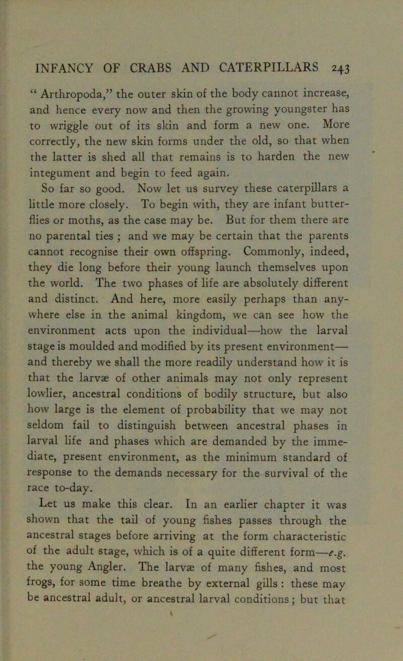 “ Arthropoda,” the outer skin of the body cannot increase, and hence every now and then the growing youngster has to wriggle out of its skin and form a new one. More correctly, the new skin forms under the old, so that when the latter is shed all that remains is to harden the new integument and begin to feed again. So far so good. Now let us survey these caterpillars a little more closely. To begin with, they are infant butter- flies or moths, as the case may be. But for them there are no parental ties ; and we may be certain that the parents cannot recognise their own offspring. Commonly, indeed, they die long before their young launch themselves upon the world. The two phases of life are absolutely different and distinct. And here, more easily perhaps than any- where else in the animal kingdom, we can see how the environment acts upon the individual—how the larval stage is moulded and modified by its present environment— and thereby we shall the more readily understand how it is that the larvae of other animals may not only represent lowlier, ancestral conditions of bodily structure, but also how large is the element of probability that we may not seldom fail to distinguish between ancestral phases in larval life and phases which are demanded by the imme- diate, present environment, as the minimum standard of response to the demands necessary for the survival of the race to-day. Let us make this clear. In an earlier chapter it was shown that the tail of young fishes passes through the ancestral stages before arriving at the form characteristic of the adult stage, which is of a quite different form—e.g. the young Angler. The larvse of many fishes, and most frogs, for some time breathe by external gills : these may be ancestral adult, or ancestral larval conditions; but that