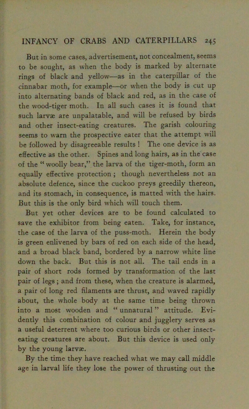 But in some cases, advertisement, not concealment, seems to be sought, as when the body is marked by alternate rings of black and yellow—as in the caterpillar of the cinnabar moth, for example—or when the body is cut up into alternating bands of black and red, as in the case of the wood-tiger moth. In all such cases it is found that such larvae are unpalatable, and will be refused by birds and other insect-eating creatures. The garish colouring seems to warn the prospective eater that the attempt will be followed by disagreeable results ! The one device is as effective as the other. Spines and long hairs, as in the case of the “ woolly bear,” the larva of the tiger-moth, form an equally effective protection ; though nevertheless not an absolute defence, since the cuckoo preys greedily thereon, and its stomach, in consequence, is matted with the hairs. But this is the only bird which will touch them. But yet other devices are to be found calculated to save the exhibitor from being eaten. Take, for instance, the case of the larva of the puss-moth. Herein the body is green enlivened by bars of red on each side of the head, and a broad black band, bordered by a narrow white line down the back. But this is not all. The tail ends in a pair of short rods formed by transformation of the last pair of legs; and from these, when the creature is alarmed, a pair of long red filaments are thrust, and waved rapidly about, the whole body at the same time being thrown into a most wooden and “ unnatural ” attitude. Evi- dently this combination of colour and jugglery serves as a useful deterrent where too curious birds or other insect- eating creatures are about. But this device is used only by the young larvae. By the time they have reached what we may call middle age in larval life they lose the power of thrusting out the