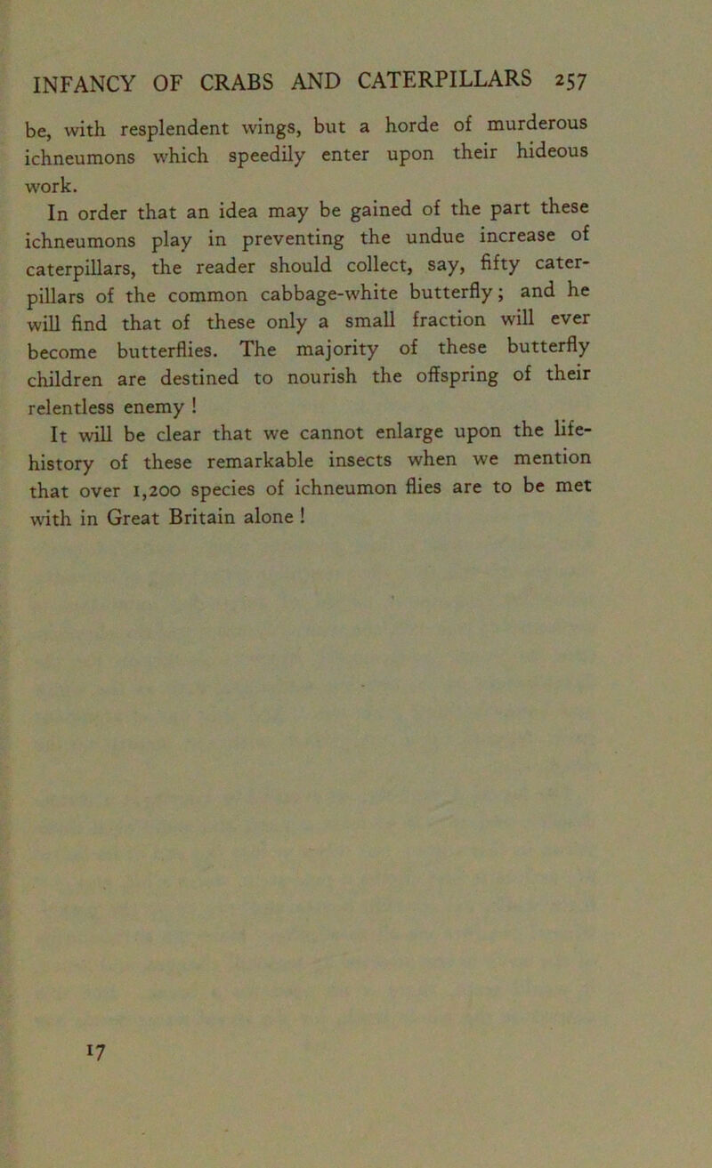 be, with resplendent wings, but a horde of murderous ichneumons which speedily enter upon their hideous work. In order that an idea may be gained of the part these ichneumons play in preventing the undue increase of caterpillars, the reader should collect, say, fifty cater- pillars of the common cabbage-white butterfly; and he will find that of these only a small fraction will ever become butterflies. The majority of these butterfly children are destined to nourish the offspring of their relentless enemy ! It will be clear that we cannot enlarge upon the life- history of these remarkable insects when we mention that over 1,200 species of ichneumon flies are to be met with in Great Britain alone ! 17