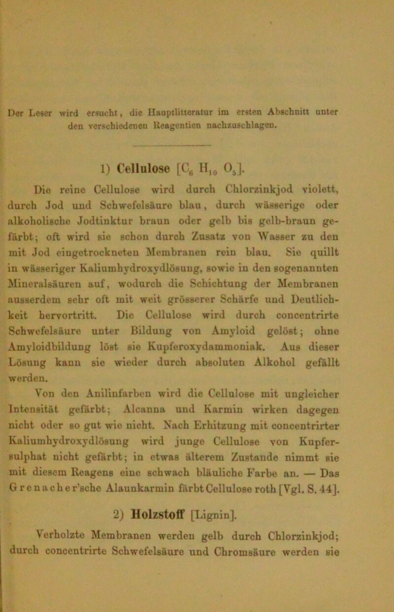 Dør Leser wird ersucht, die Ilauptlitteratur im ersten Abschnitt unter den verschiedcneu Keagentien naehzuschlagen. 1) Cellulose [C6 II,0 OJ. I>io reine Cellulose wird durch Chlorzinkjod violett, durch Jod und Schwefelsaure blau, durch wåsserige oder alkoholische Jodtinktur braun oder gelb bis gelb-braun ge- fårbt; oft wird sie schon durch Zusatz von Wasser zu den mit Jod eingetrockneteu Membranen rein blau. Sie quillt in wåsseriger Kaliumhydroxydlbsung, sowie in den sogenannten Mineralsauren auf, wodurch die Schichtung der Membranen ausserdem sehr oi't mit weit grosserer Scharfe und Deutlicb- keit hervortritt. Die Cellulose wird durch concentrirte Schwefelsaure unter Bildung von Amyloid gelost; ohne Amvloidbildung lbst sie Kupferoxydammoniak. Aus dieser Losuug kaun sie wieder durch absoluten Alkohol gefallt werden. Yon den Anilinfarben wird die Cellulose mit ungleicher Intensitet gefarbt; Alcanna und Karmin wirken dagegen nicht oder so gut wie nicht. Nach Erhitzung mit concentrirter Kaliumhydroxydlbsung wird junge Cellulose von Kupfer- sulphat nicht gelarbt; in etwas ålterem Zustande nimmt sie mit diesem Reagens eine schwach blauliche Farbe an. — Das Grenacher’schc Alaunkarmin fiirbtCelluloseroth [Vgl. S.44]. 2) HolzstotF [Lignin]. Verholzte Membranen werden gelb durch Chlorzinkjod; durch concentrirte Schwefelsaure und Chromsaure werden sie