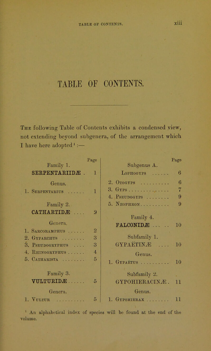 TABLE OF CONTENTS. The following Table of Contents exhibits a condensed view, not extending beyond subgenera, of the arrangement which I have here adopted1 :— Page Page Family 1. Subgenus A. SERPENTARIID.2E 1 Lophogyps 6 Genus. 2. Otogyps 6 1. Seepentabius 1 3. Gyps 7 4. Pseudogyps 9 Family 2. 5. Neophron 9 CATHARTID.ZE . . . 2 Family 4. Genera. FALCONIDiE 10 1. Sabcoramphus 2 2. Gyparchus 3 Subfamily 1. 3. PsEUDOGRYPHDS . . . . 3 GYPAETINiE . . . . 10 4. Ruin ogbyphtts 4 Genus. 5. Cathaeista 5 1. Gypaetus 10 Family 3. Subfamily 2. VULTURIDiE 5 GYPOHIERACINvE 11 Genera. Genus. 1. Vultur 5 1. Gypohieeax 11 1 An alphabetical index of species will be found at the end of the volume.